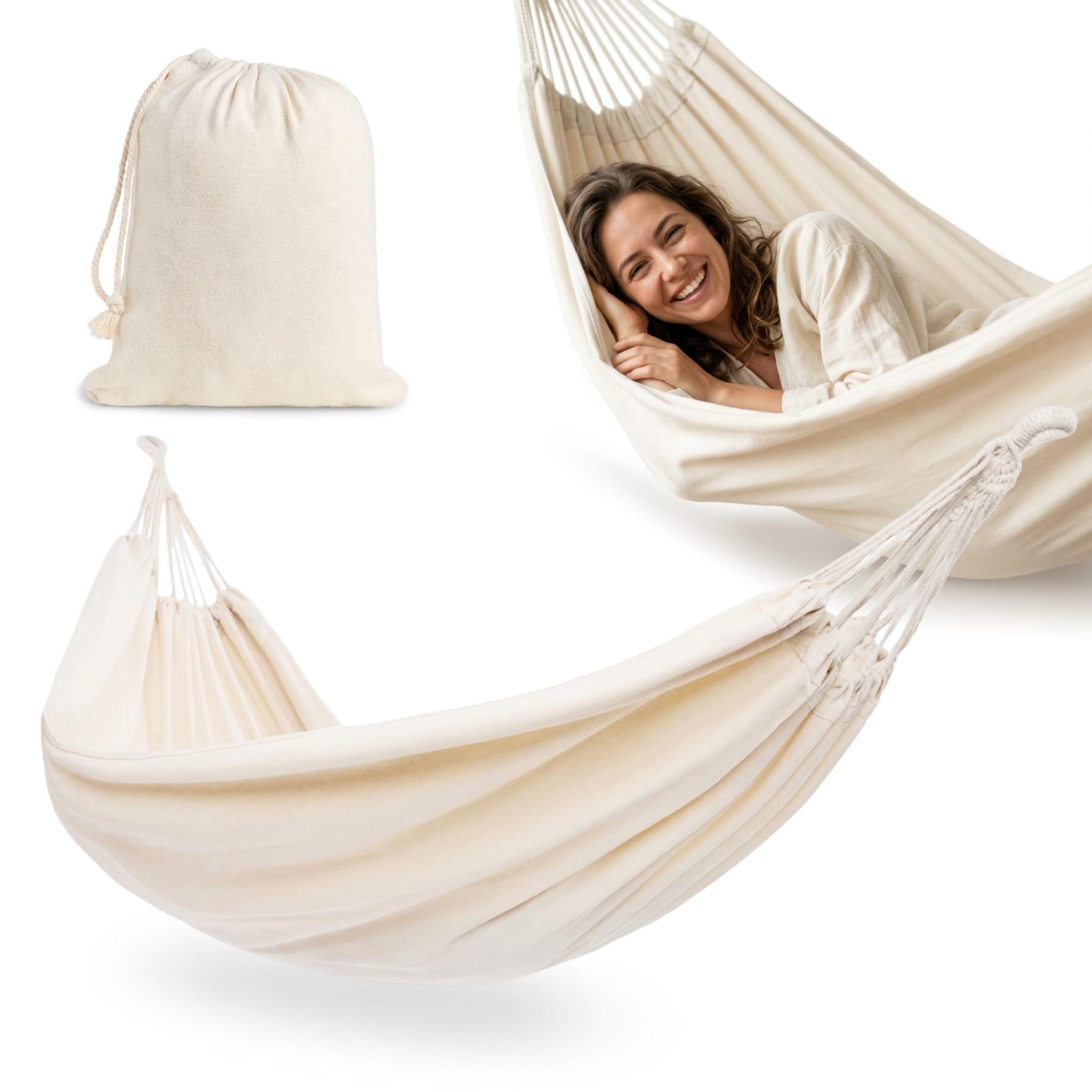 HYPERMOTION Hamac Beige 200x150 cm avec Housse - Léger, Confortable 1,35 kg, Coton/Polyester