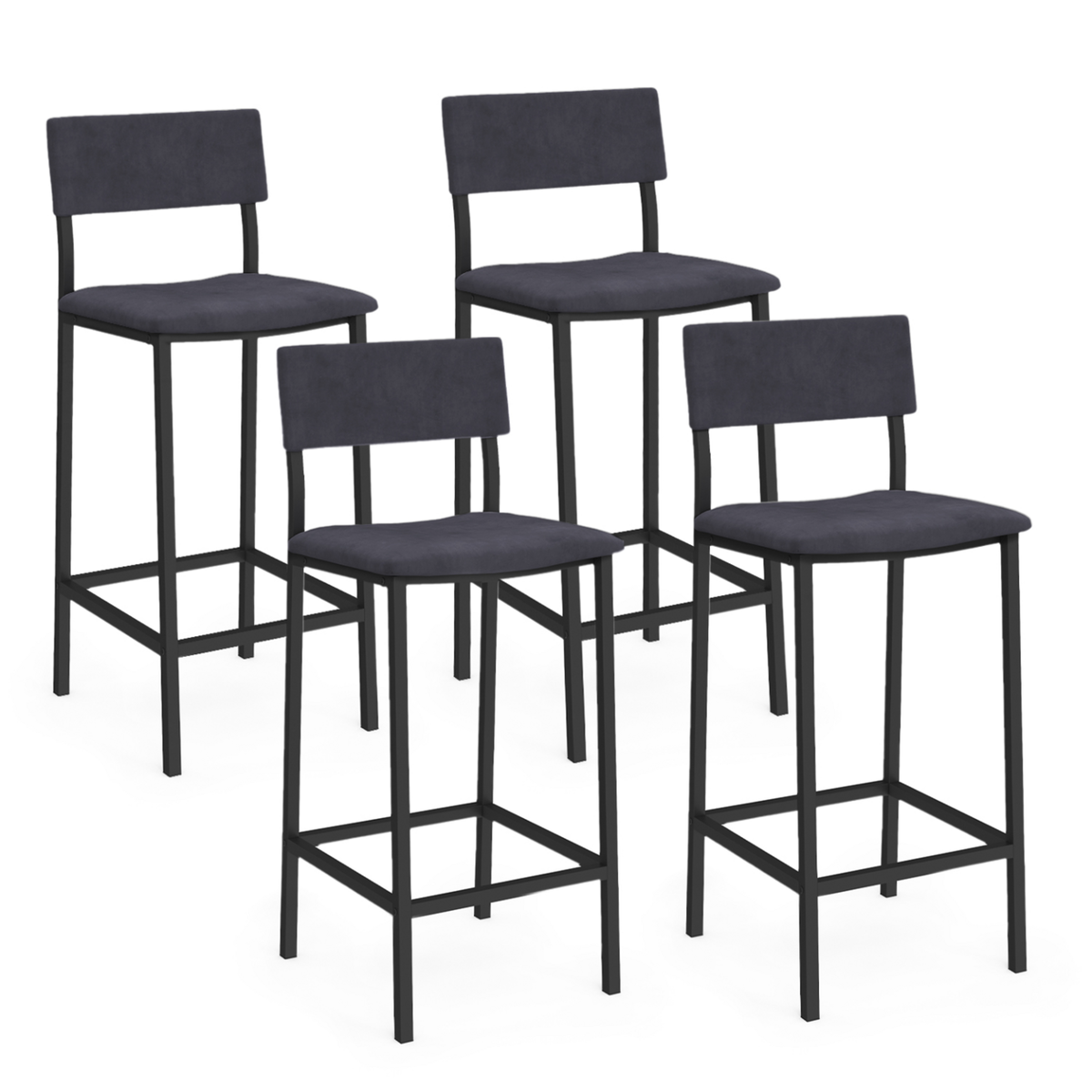 ID MARKET Lot de 4 tabourets de bar AUBIN avec dossier chaise de cuisine velours gris anthracite