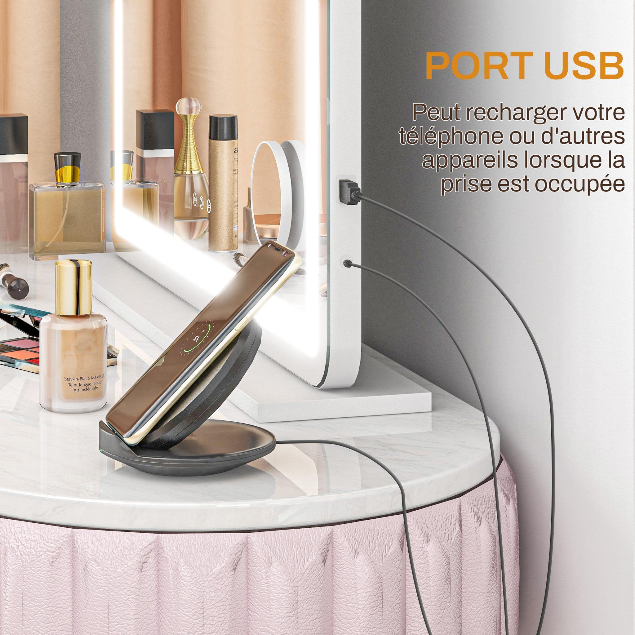 Voir la diapositive 4 : HOMCOM Miroir lumineux led tactile intensité 3 modes d'éclairage grossissement 10x charge usb