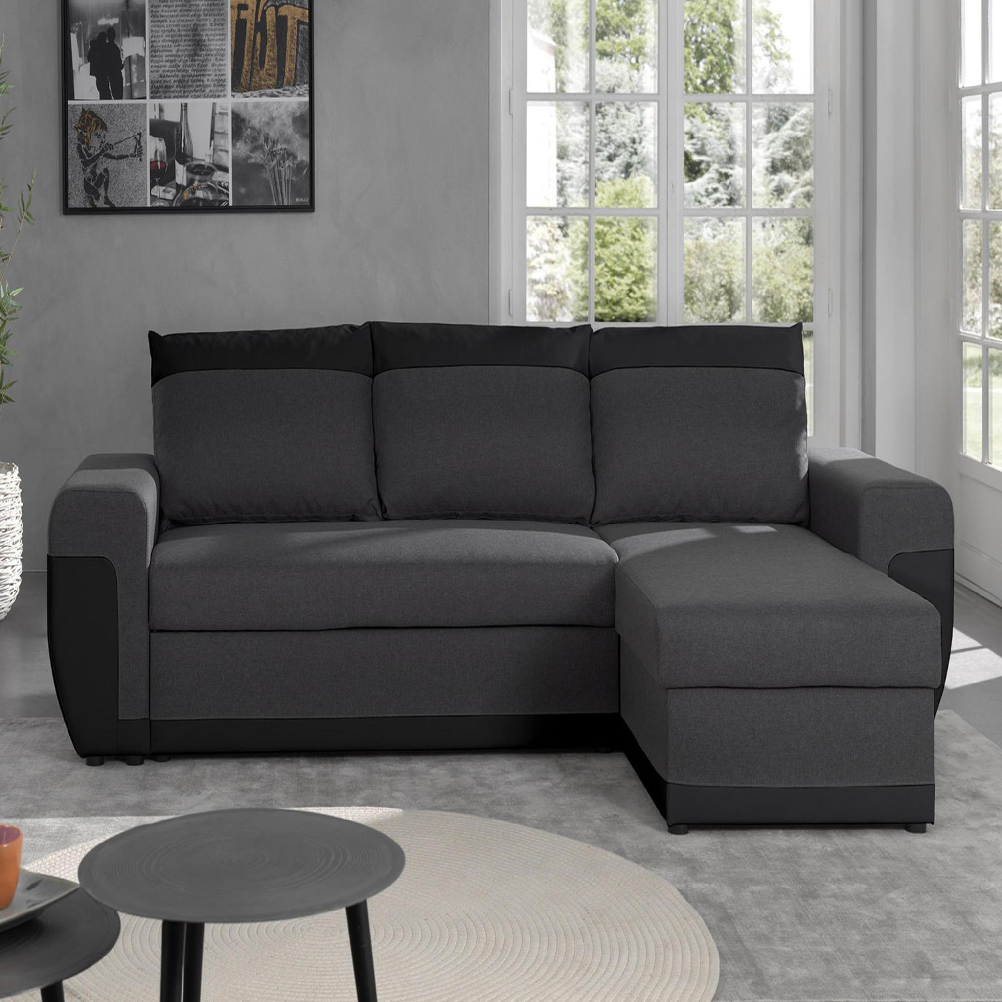 Voir la diapositive 3 : BEST MOBILIER Milan - canapé d'angle réversible - 4 places - convertible avec coffre - en simili et tissu