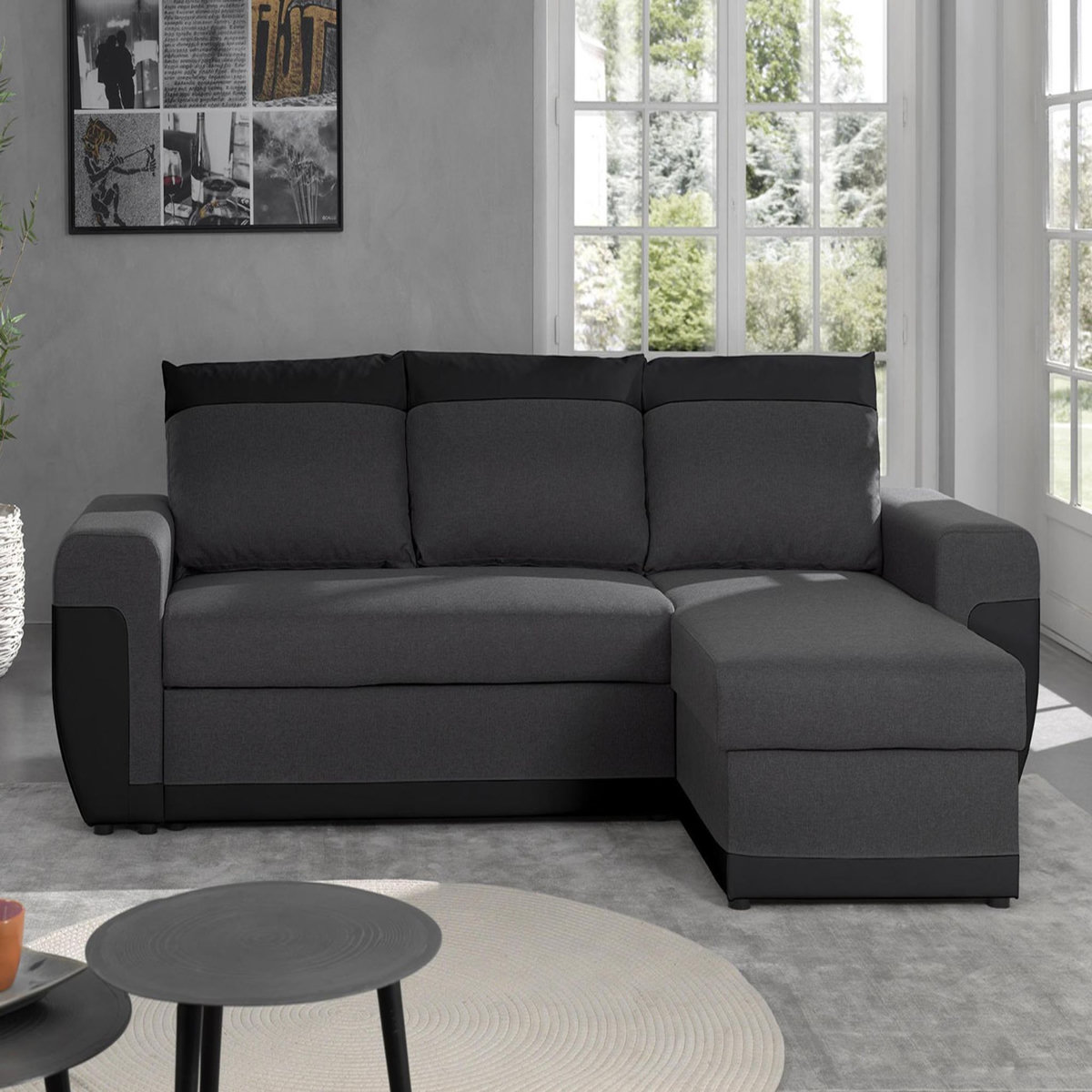 BEST MOBILIER Milan - canapé d'angle réversible - 4 places - convertible avec coffre - en simili et tissu