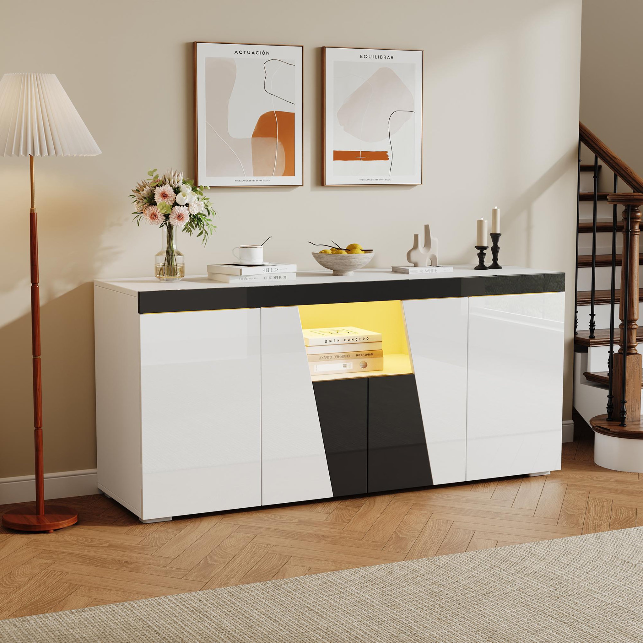 Voir la diapositive 4 : MERAX Buffet 4 porte(s) 0 tiroir(s) - 140 cm blanc+noir led panneau de particules