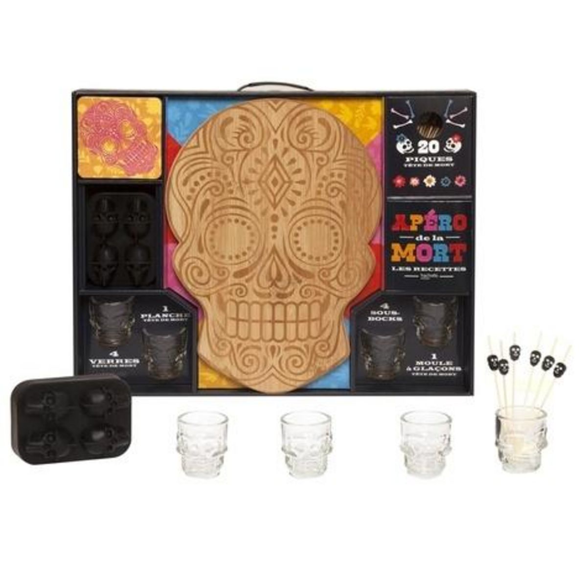 COFFRET APERO DE LA MORT. APERO DE LA MORT, LES RECETTES AVEC 4 VERRES TETE DE MORT, 1 PLANCHE TETE DE MORT, 4 SOUS-BOCKS, 1 MOULE A GLACONS TETE DE MORT ET 20 PIQUES TETE DE MORT, Terwagne Alexandre