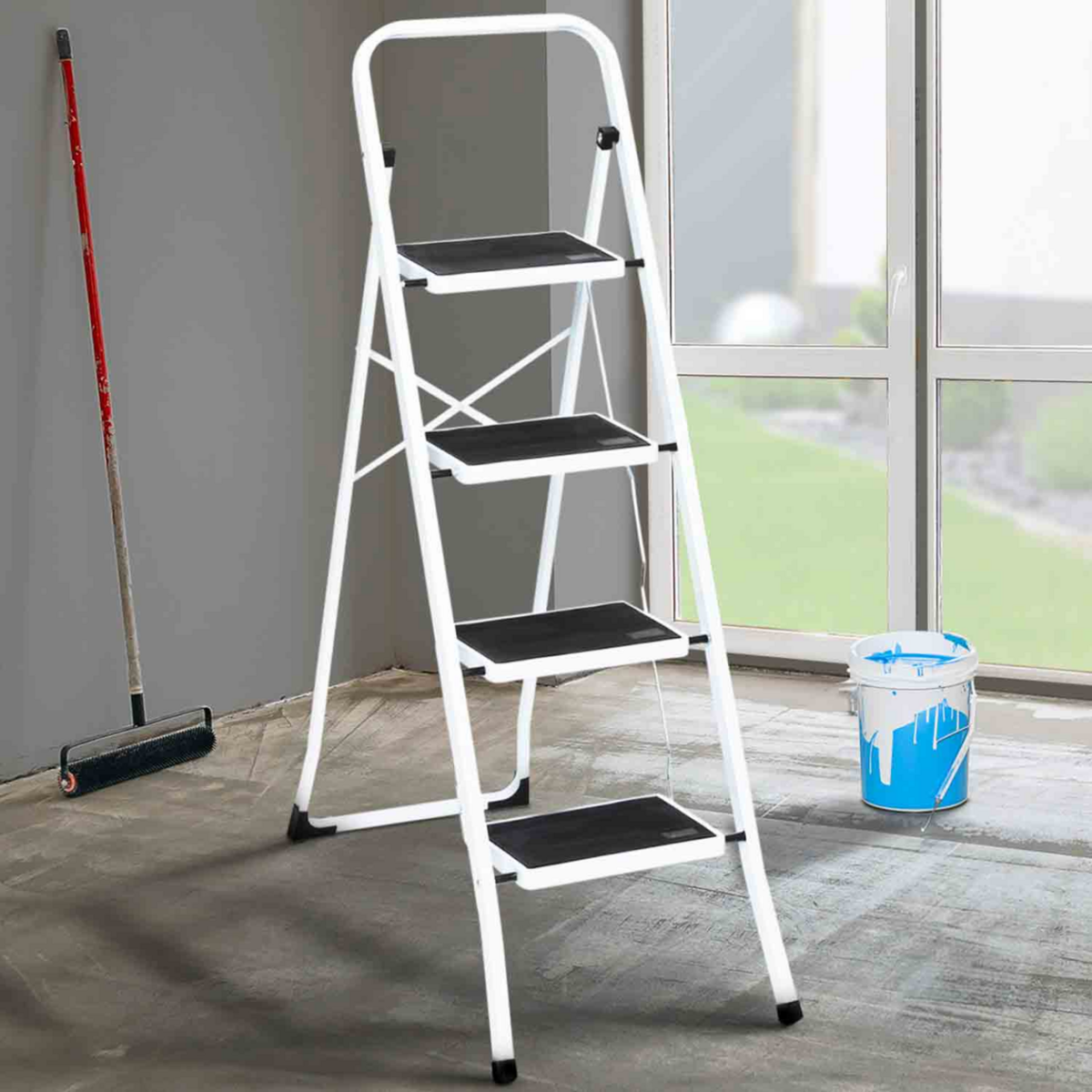 ID MARKET Escabeau marchepied pliable 4 marches antidérapantes avec garde corps