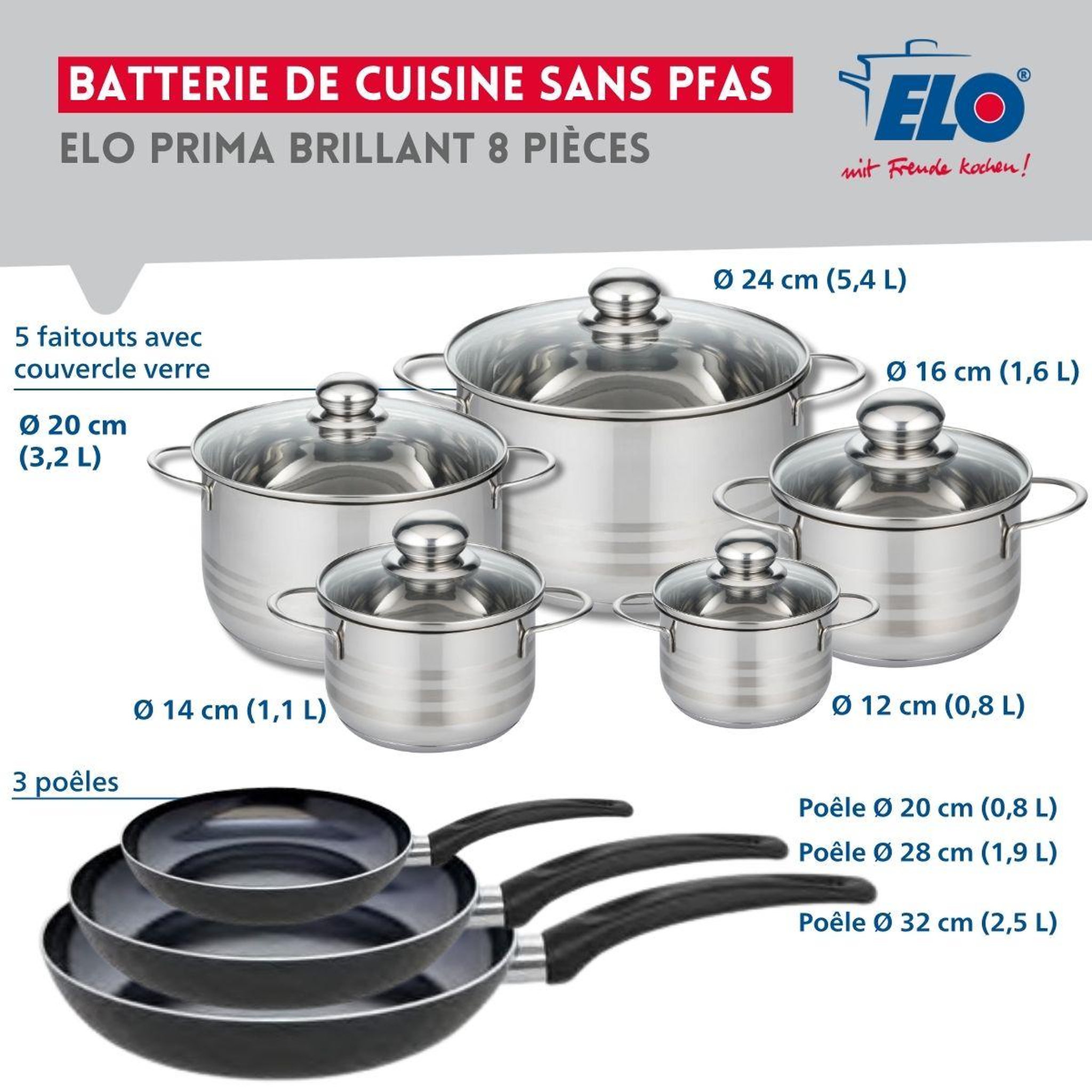 Voir la diapositive 2 : ELO Ensemble de 3 poêles de cuisson 20, 28 et 32 cm et 5 faitouts 12, 14, 16, 20 et 24 cm elo prima brillant