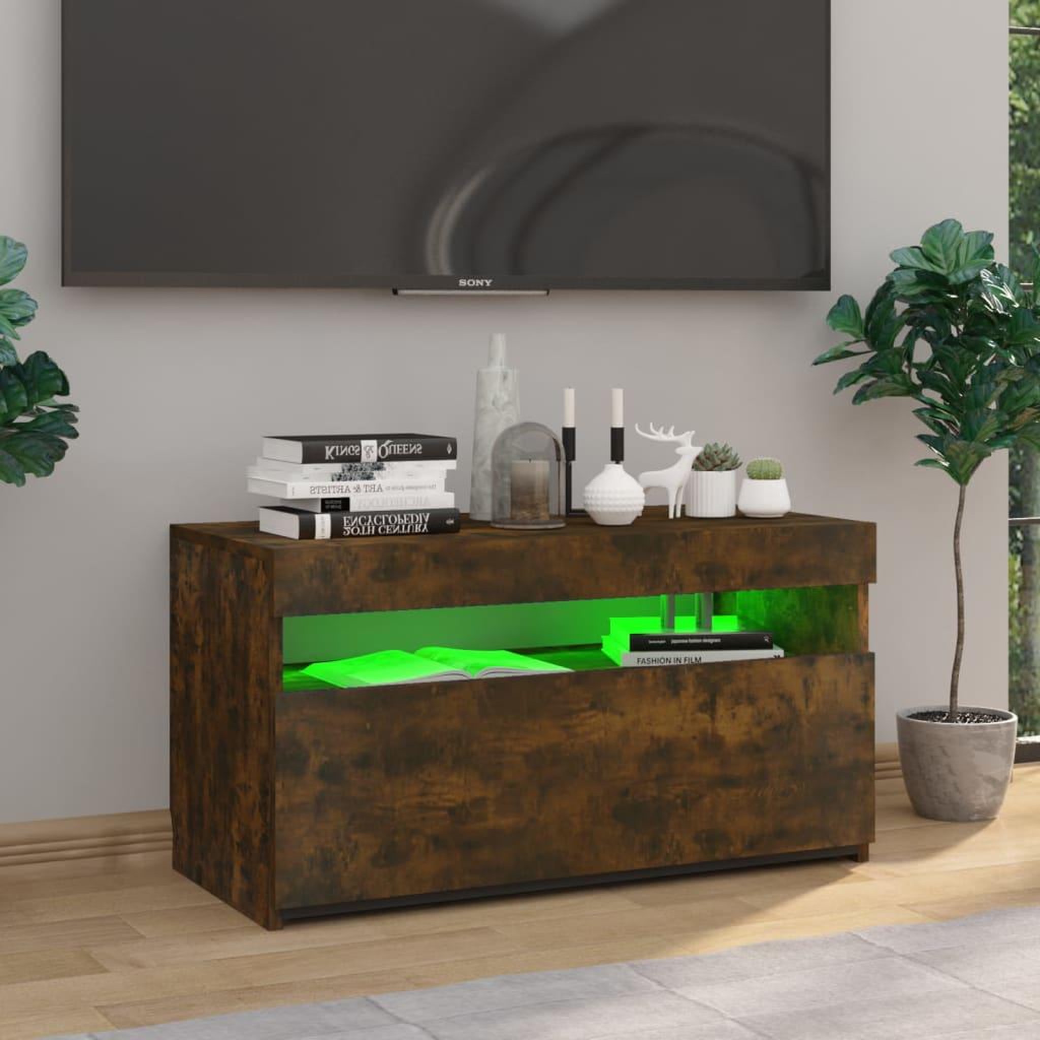 Voir la diapositive 5 : VIDAXL Meuble TV avec lumieres LED Chene fume 75x35x40 cm
