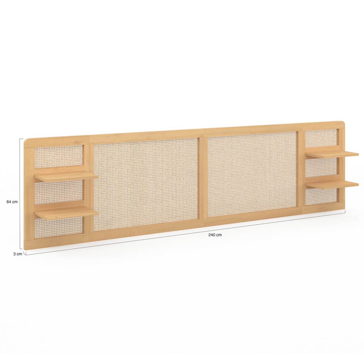 ID MARKET Tête de lit suspendue EDHEN 240 cm cannage et bois avec étagères