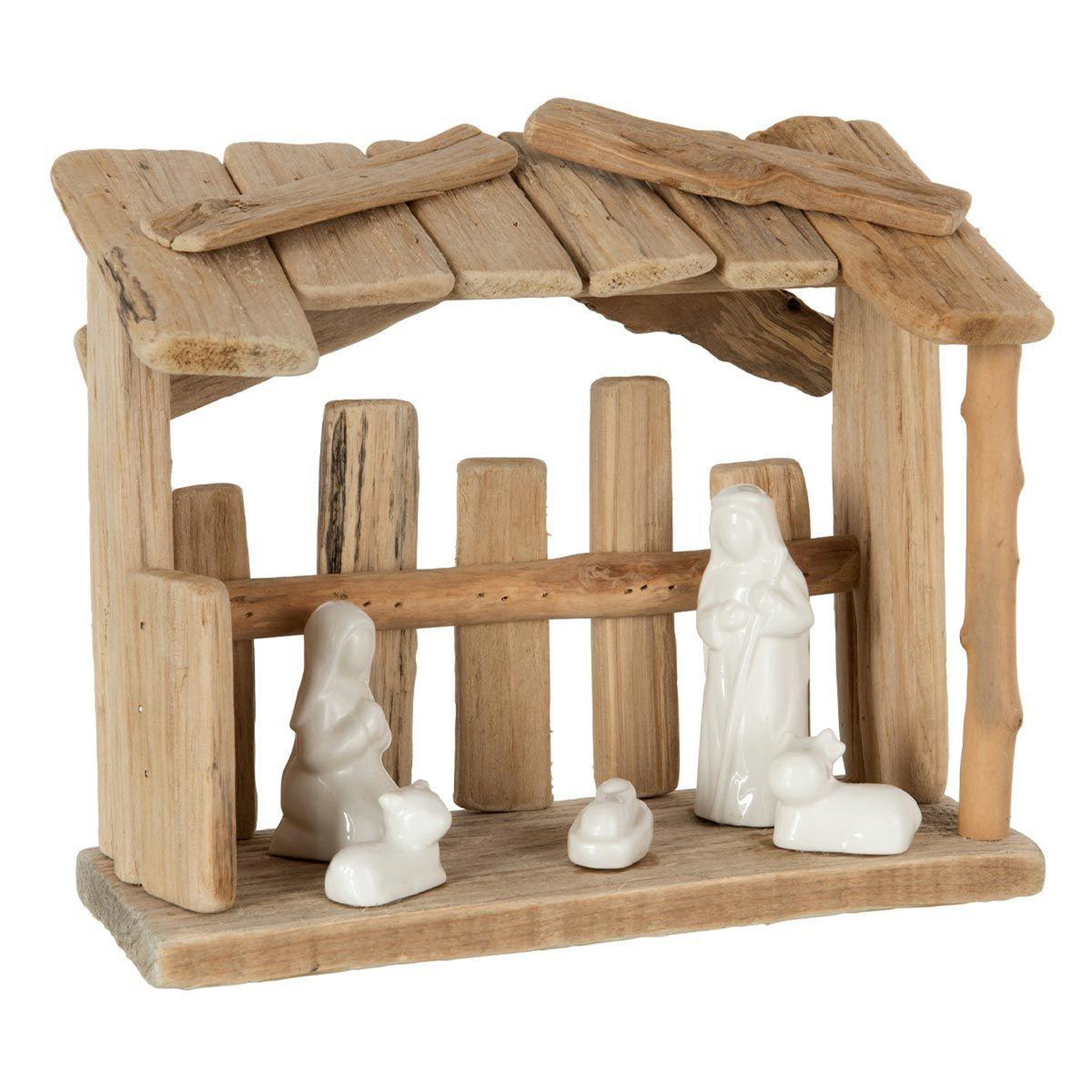 J-LINE Crèche de noël  toit plat  25cm naturel & blanc
