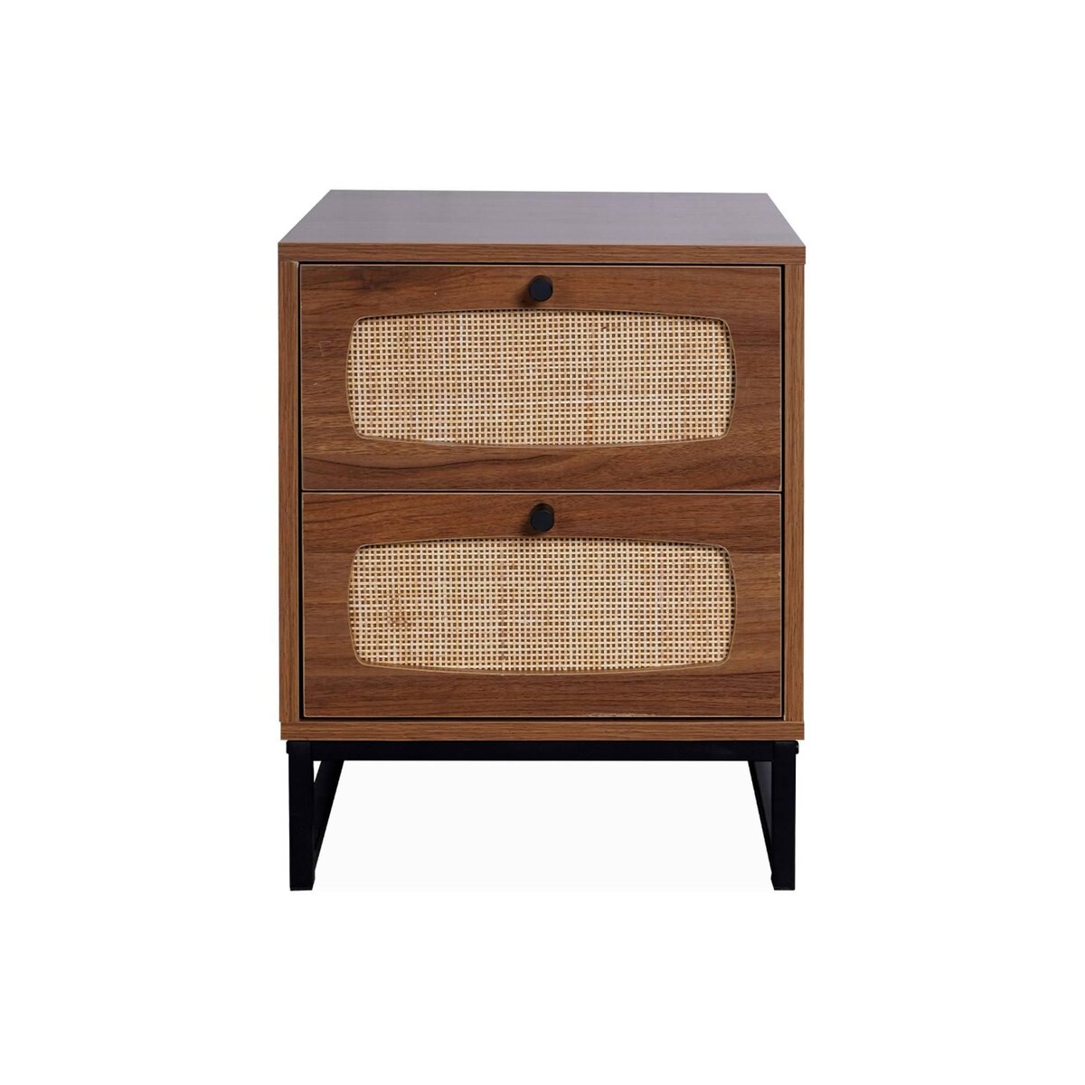 SWEEEK Table de chevet en décor bois et cannage avec pieds et poignées en métal noir