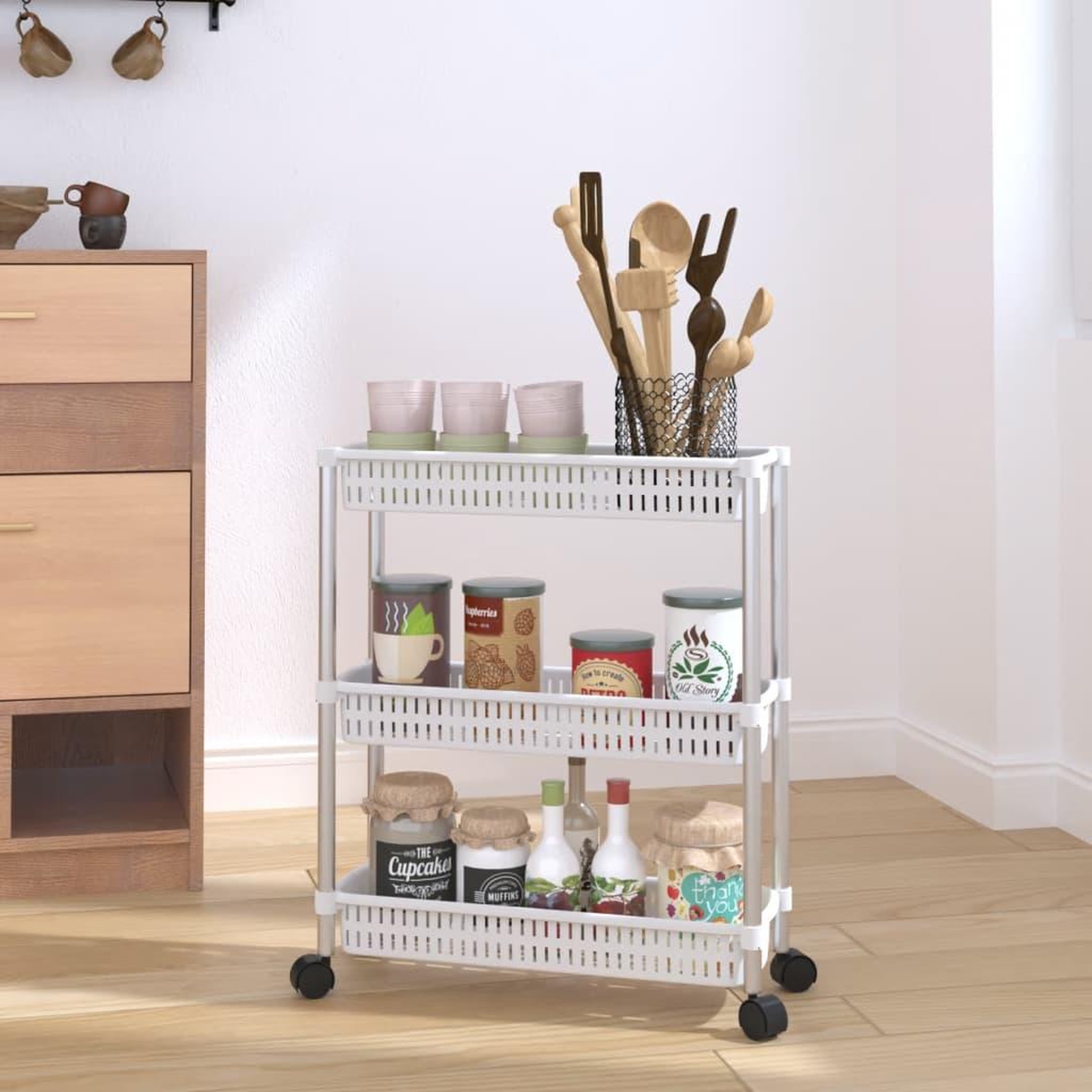 Voir la diapositive 1 : VIDAXL Chariot de rangement a 3 niveaux Argente et blanc Aluminium