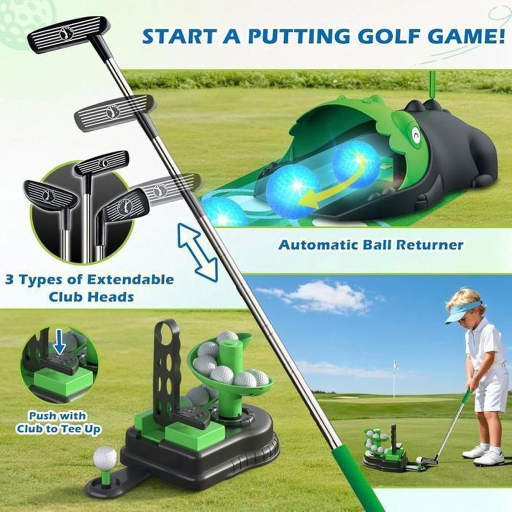 Voir la diapositive 5 : Mini golf enfant 3 en 1 LED avec retourneur automatique dinosaure, clubs réglables et tapis de putting