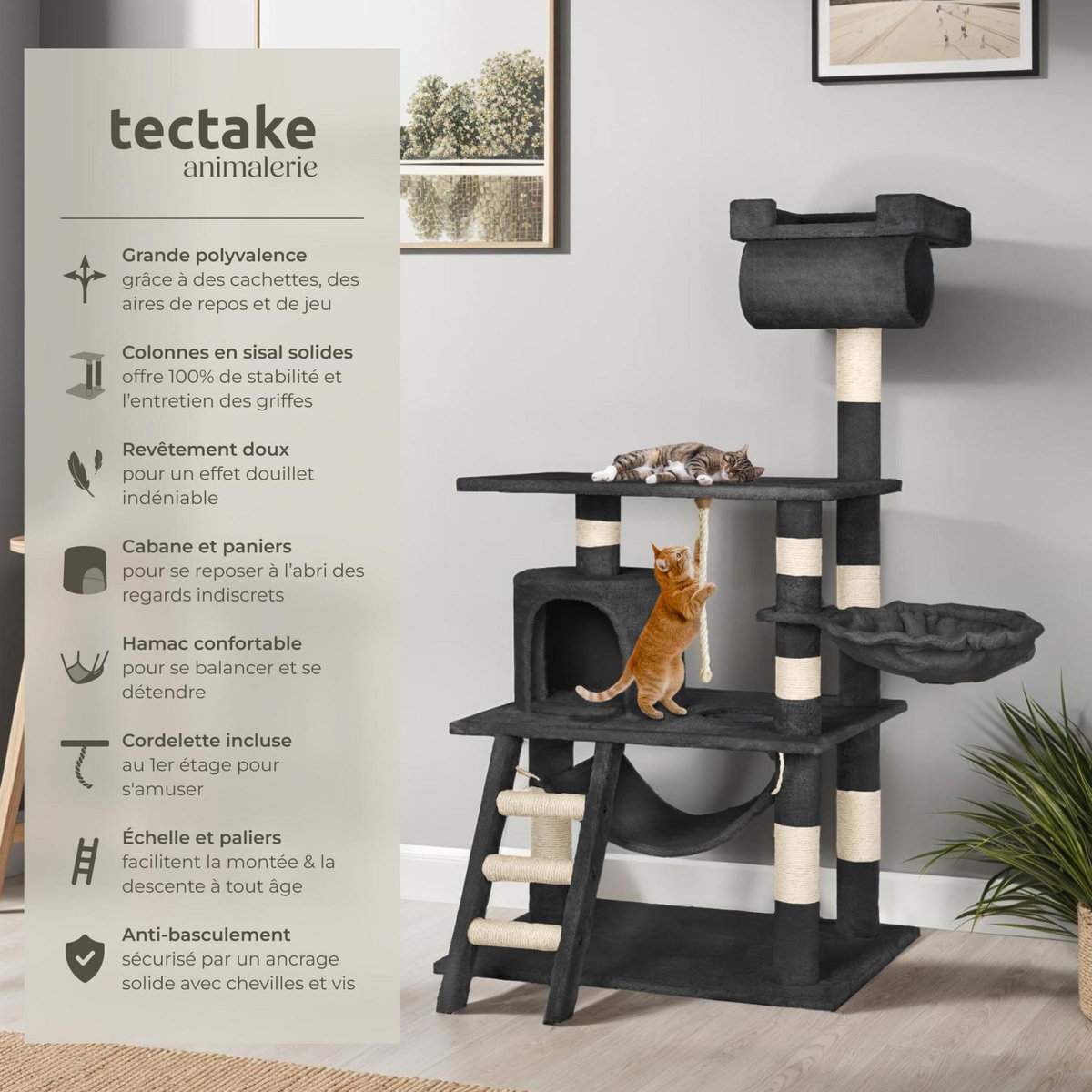 tectake Arbre à chat 141 cm avec griffoir et plateforme d'escalade noir