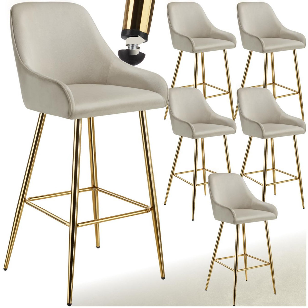 tectake Tabouret de bar en aspect velours rembourré crème/or Ensemble de 6