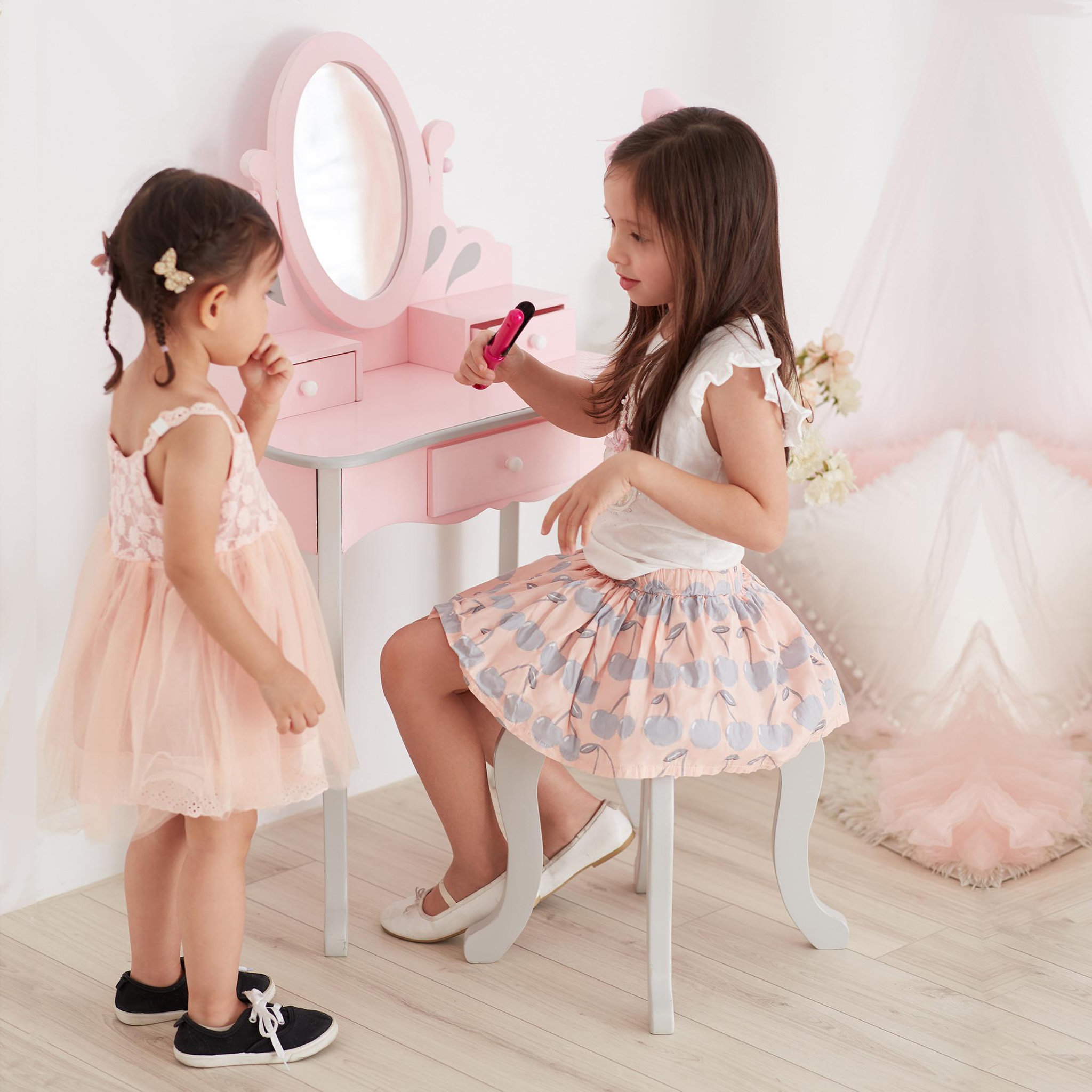 Voir la diapositive 4 : TEAMSON KIDS Coiffeuse Bois Rose et Grise avec Tabouret et Miroir Enfant