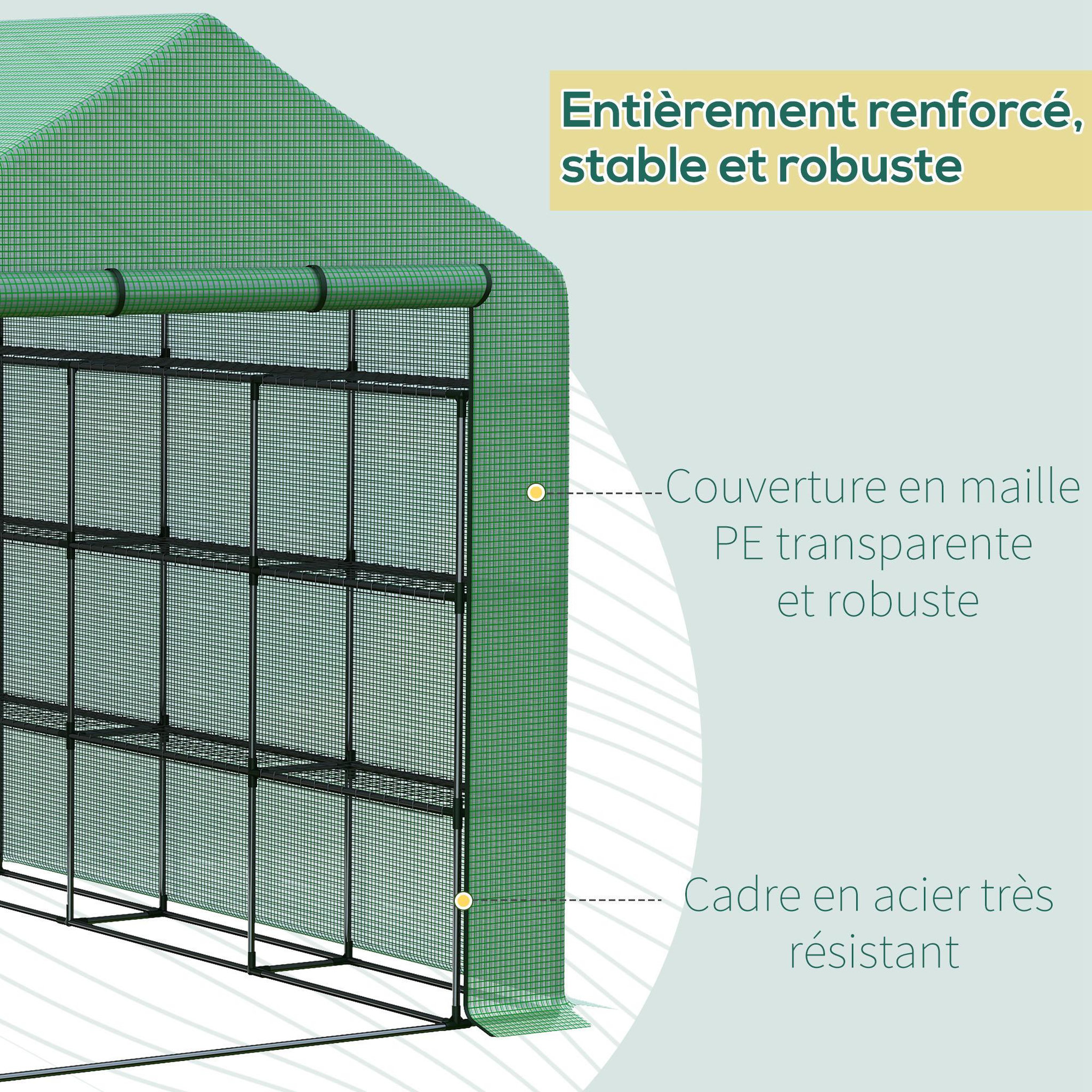 Voir la diapositive 6 : OUTSUNNY Serre de jardin 6 étagères dim. 244l x 180l x 210h cm porte enroulable acier noir bâche pe vert
