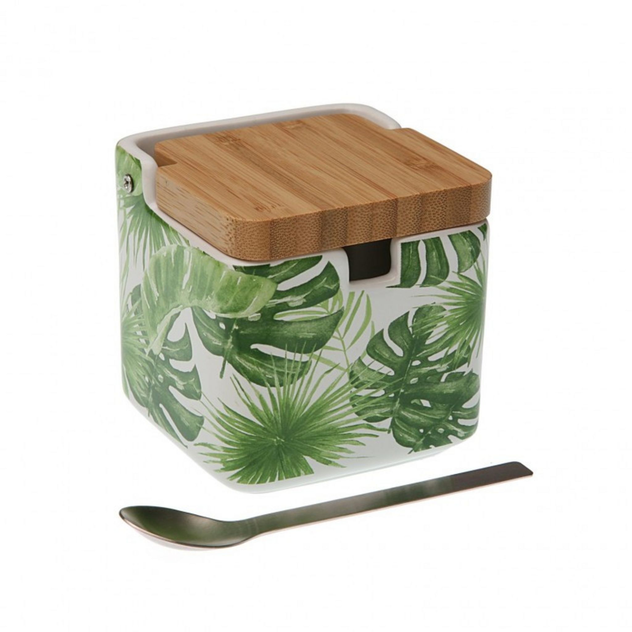 Sucrier En Céramique Avec Couvercle En Bois De Bambou Et Une Cuillère à Sucre, Récipient à Sucre