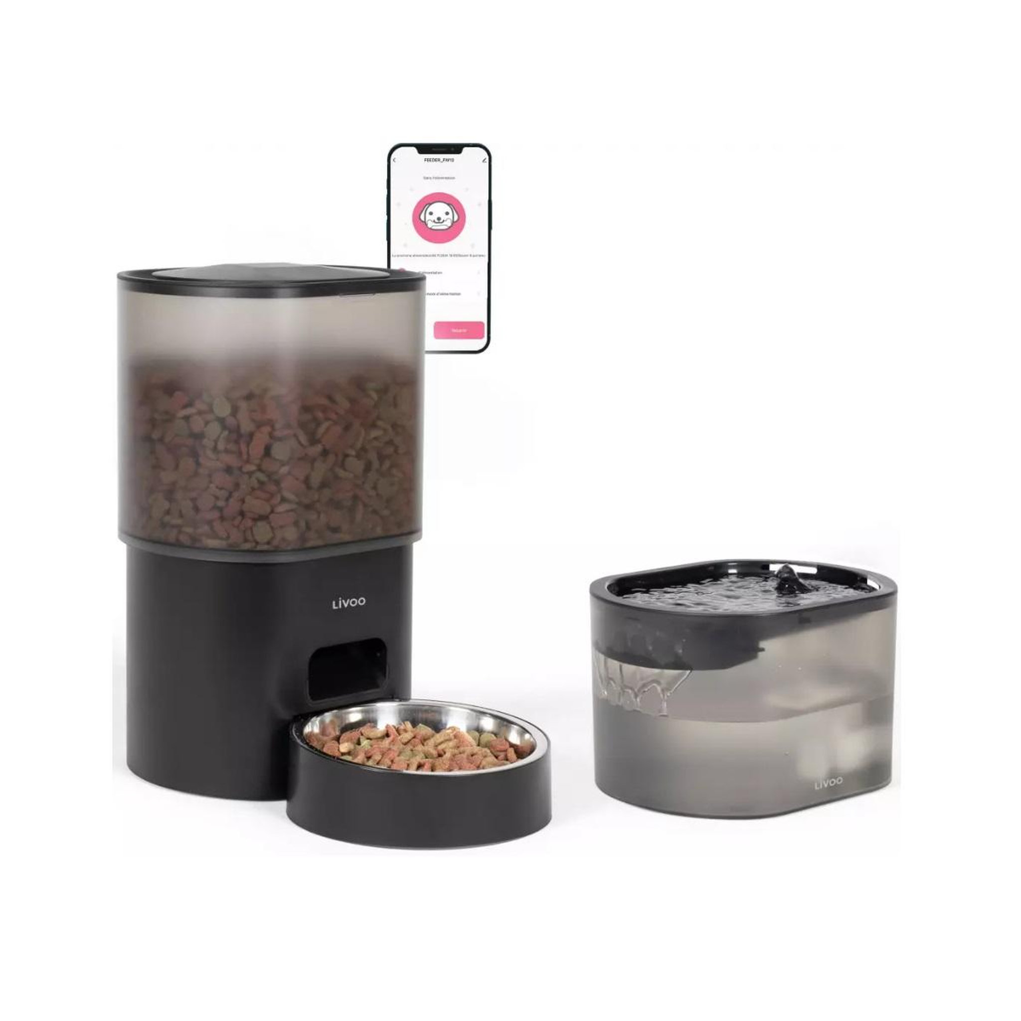 Voir la diapositive 1 : LIVOO Distributeur de croquettes automatique 5w noir + fontaine à eau - PET107
