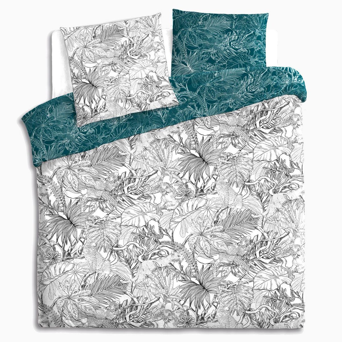 ATMOSPHERA Parure de lit 2 places en coton imprimé Jungle - 260x240 cm - Bleu, Noir et Blanc