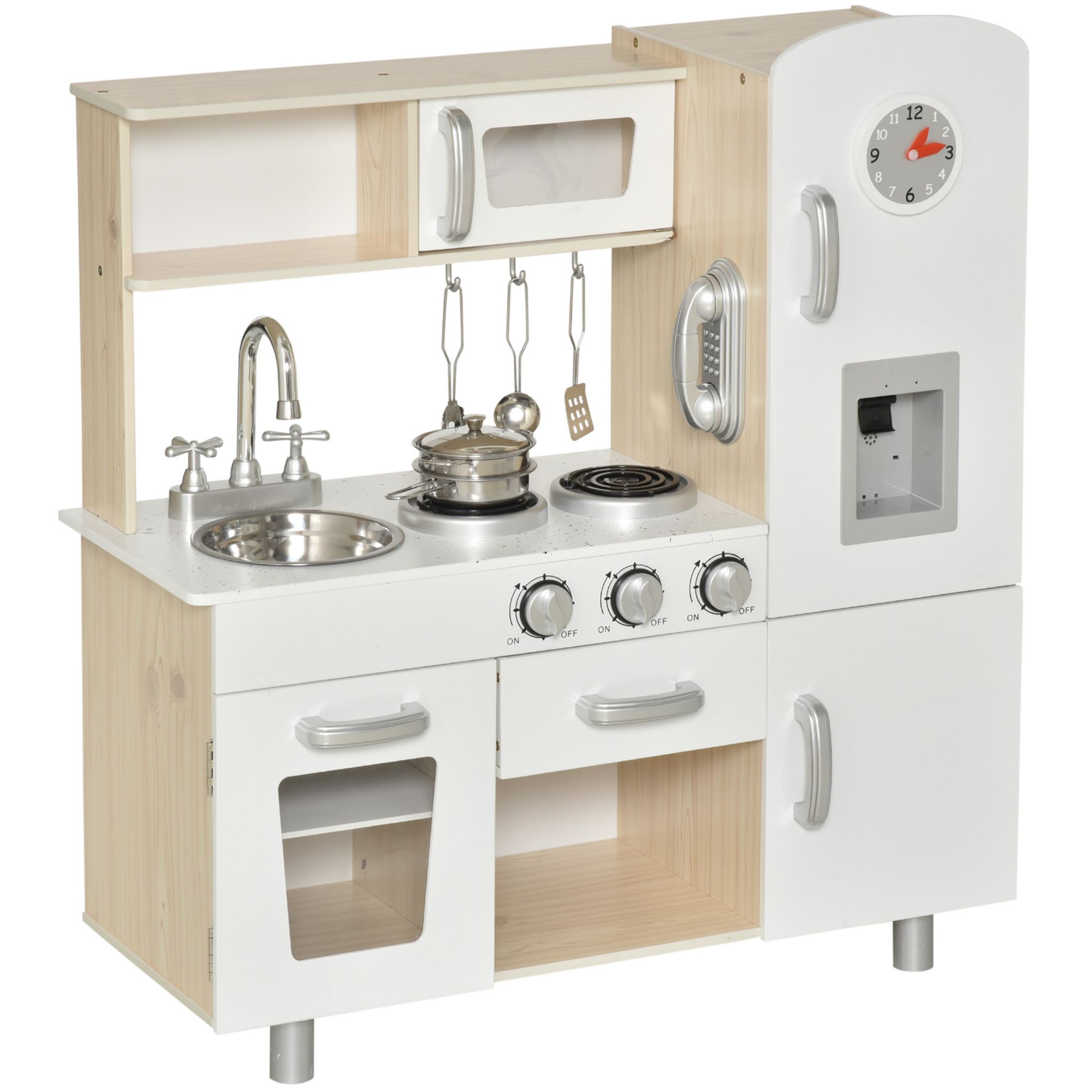 HOMCOM Cuisine bois jeu d'imitation - cuisine enfant - nombreux accessoires & rangements inclus - MDF pin blanc chêne clair