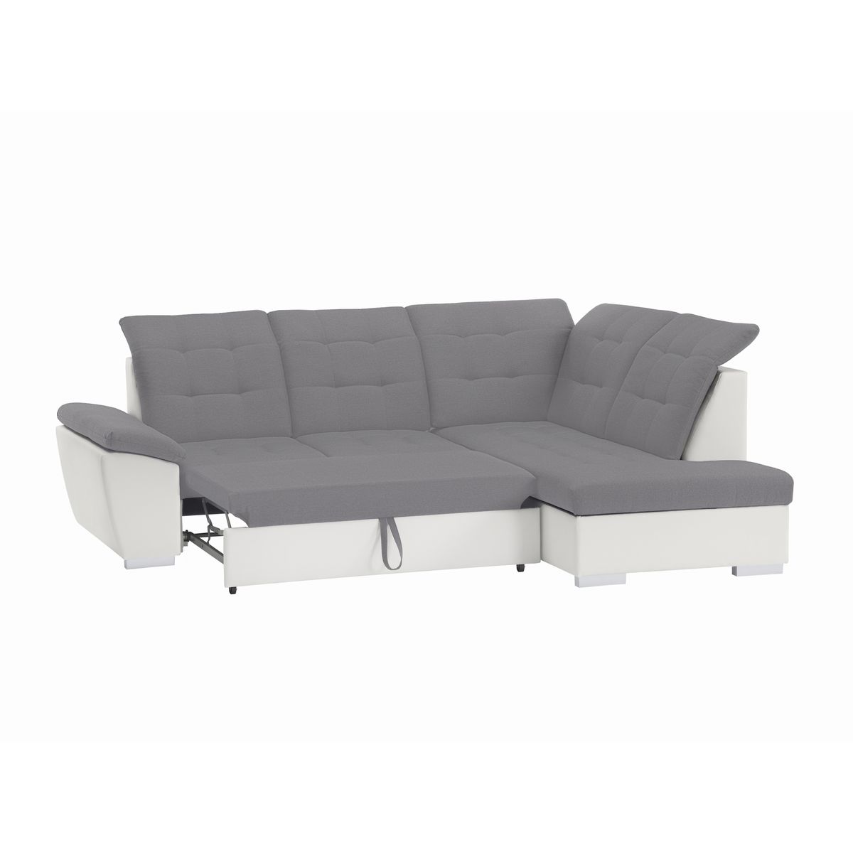 Canapé d'angle gauche convertible avec coffre et repose tête réglable en tissu gris + pu  blanc RECITAL