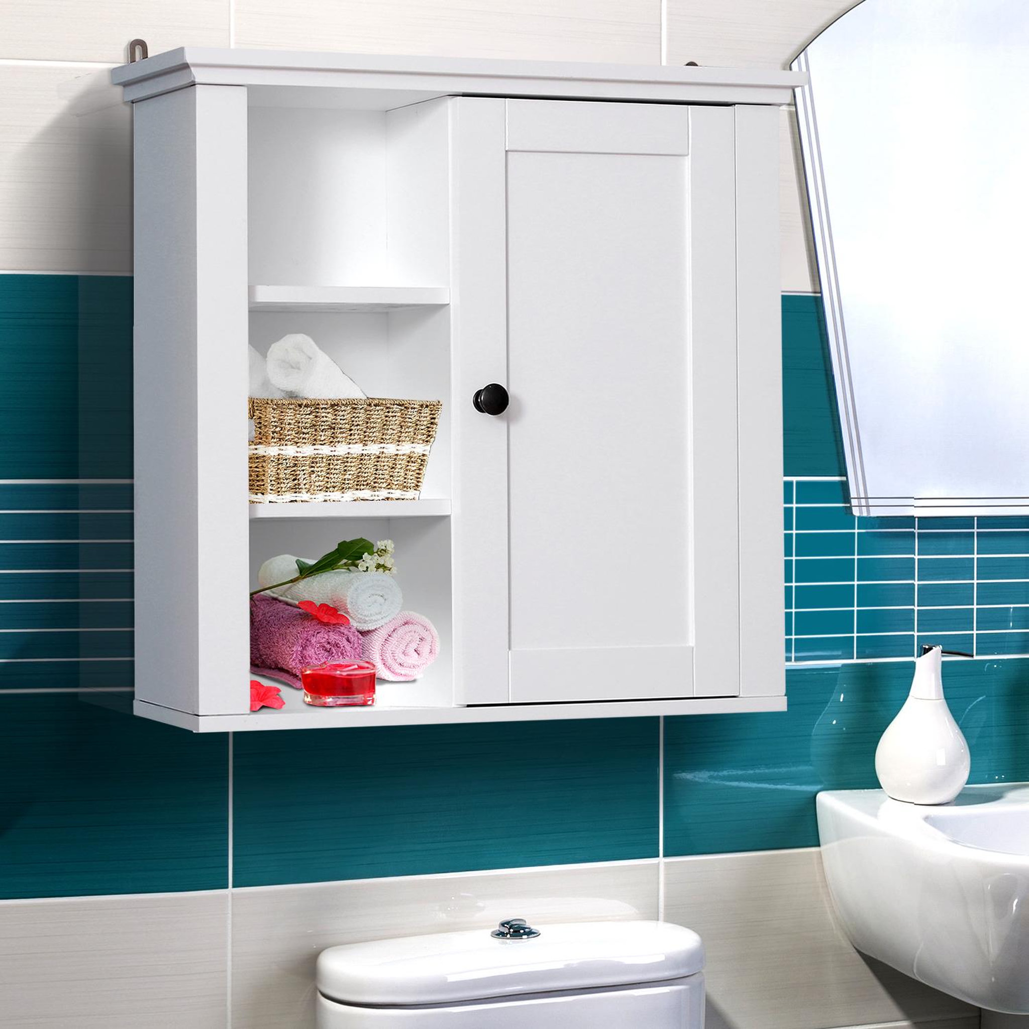 Voir la diapositive 2 : HOMCOM Armoire haute murale de salle de bain ou wc placard 1 porte 3 niches dim. 53l x 14,5l x 50,5h cm mdf panneaux particules blanc