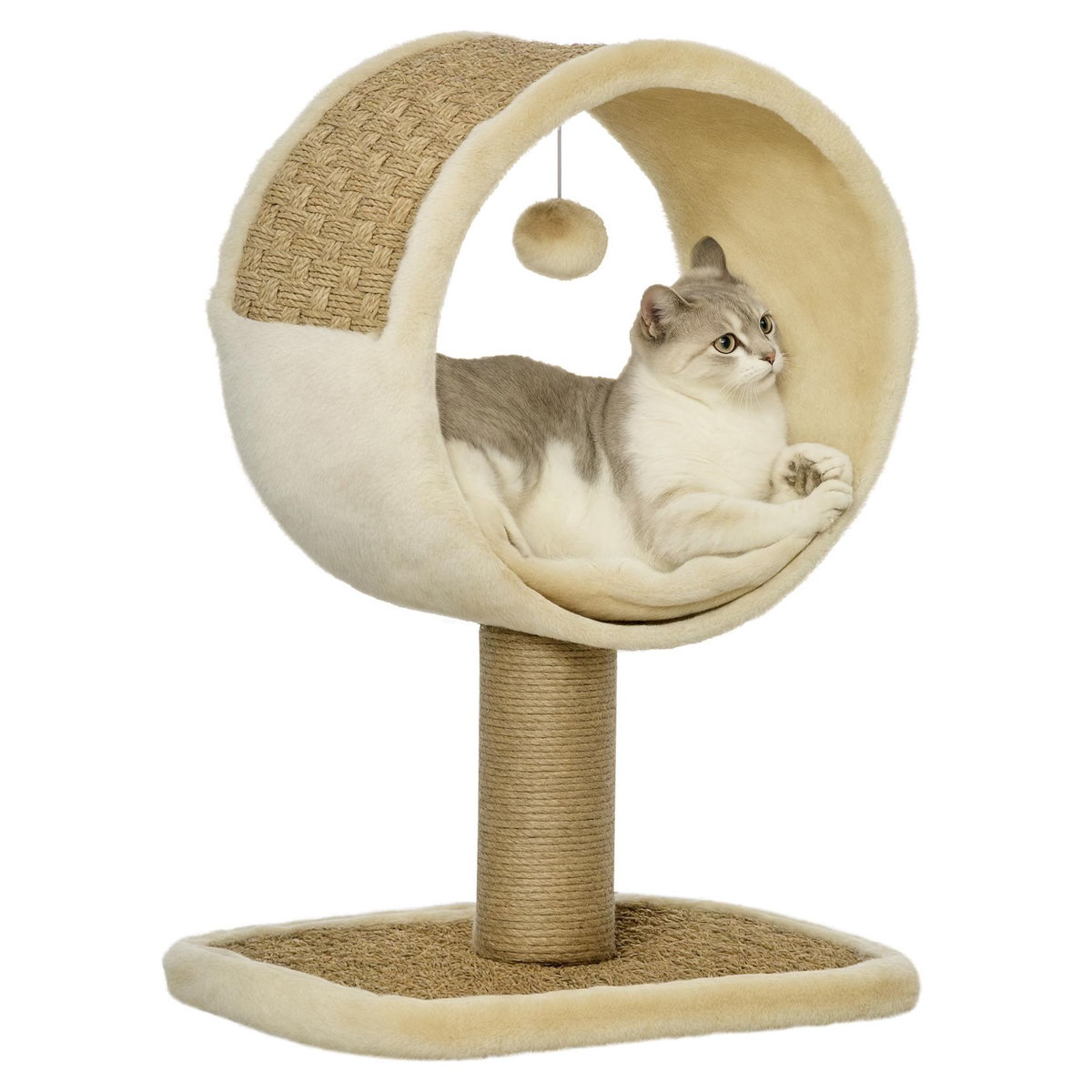PAWHUT Arbre à chat rond style cosy chic griffoir grattoirs sisal jeu suspendu souris niche avec coussin cordes d'algues tressées peluche courte beige