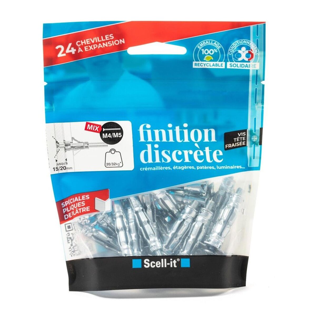 SCELL-IT Lot de 24 chevilles et vis à expansion SCELL-IT, Diam.4 et 5 x L.37 mm