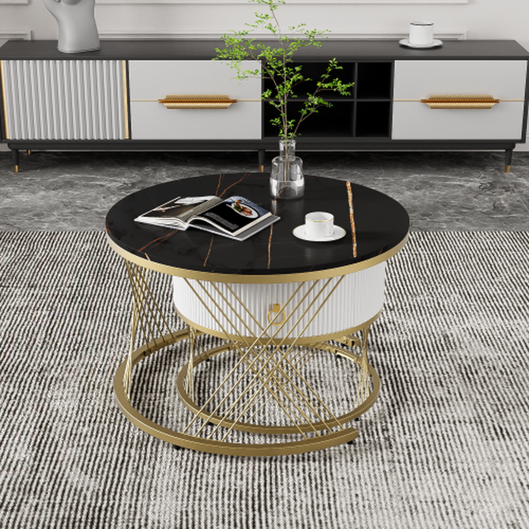 Voir la diapositive 3 : MERAX Lot De 2 Tables Basses Gigognes Rondes 50/70cm Avec 1 Tiroir