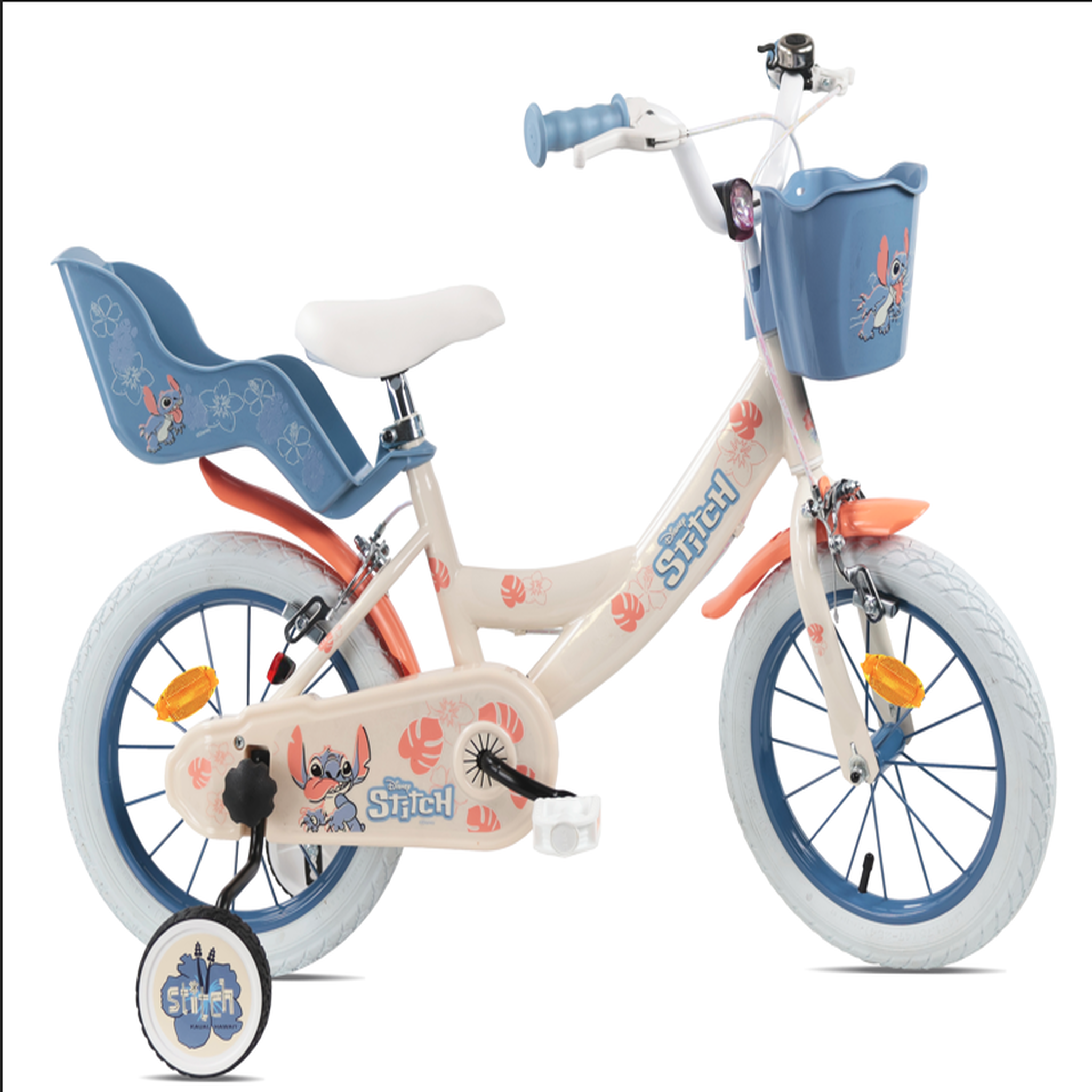 DISNEY Vélo enfant 14'' STITCH / DISNEY (Taille de l'enfant 90 cm à 105 cm) équipé de 2 freins, panier, porte poupée et stabilisateurs