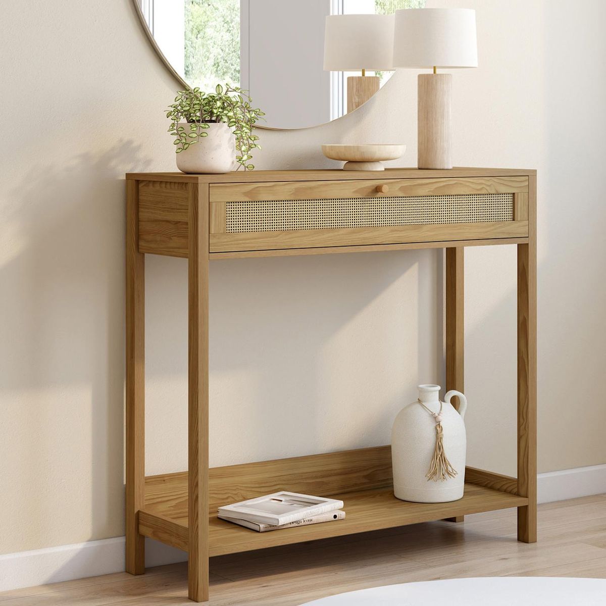 ID MARKET Console 1 tiroir HANAE effet naturel cannage