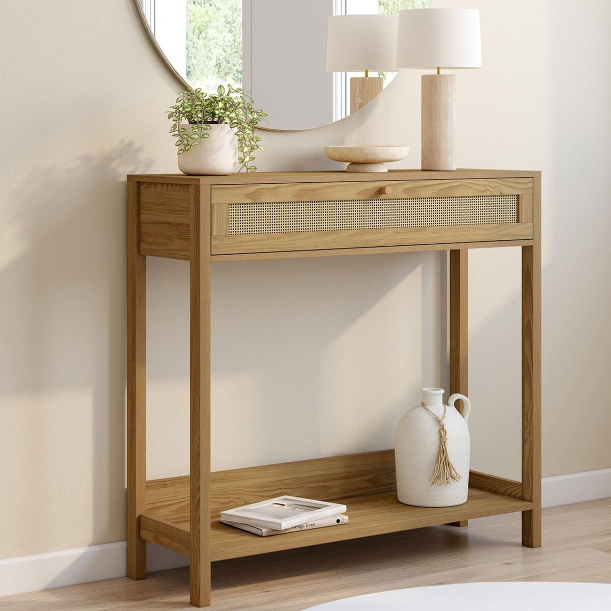 ID MARKET Console 1 tiroir HANAE effet naturel cannage