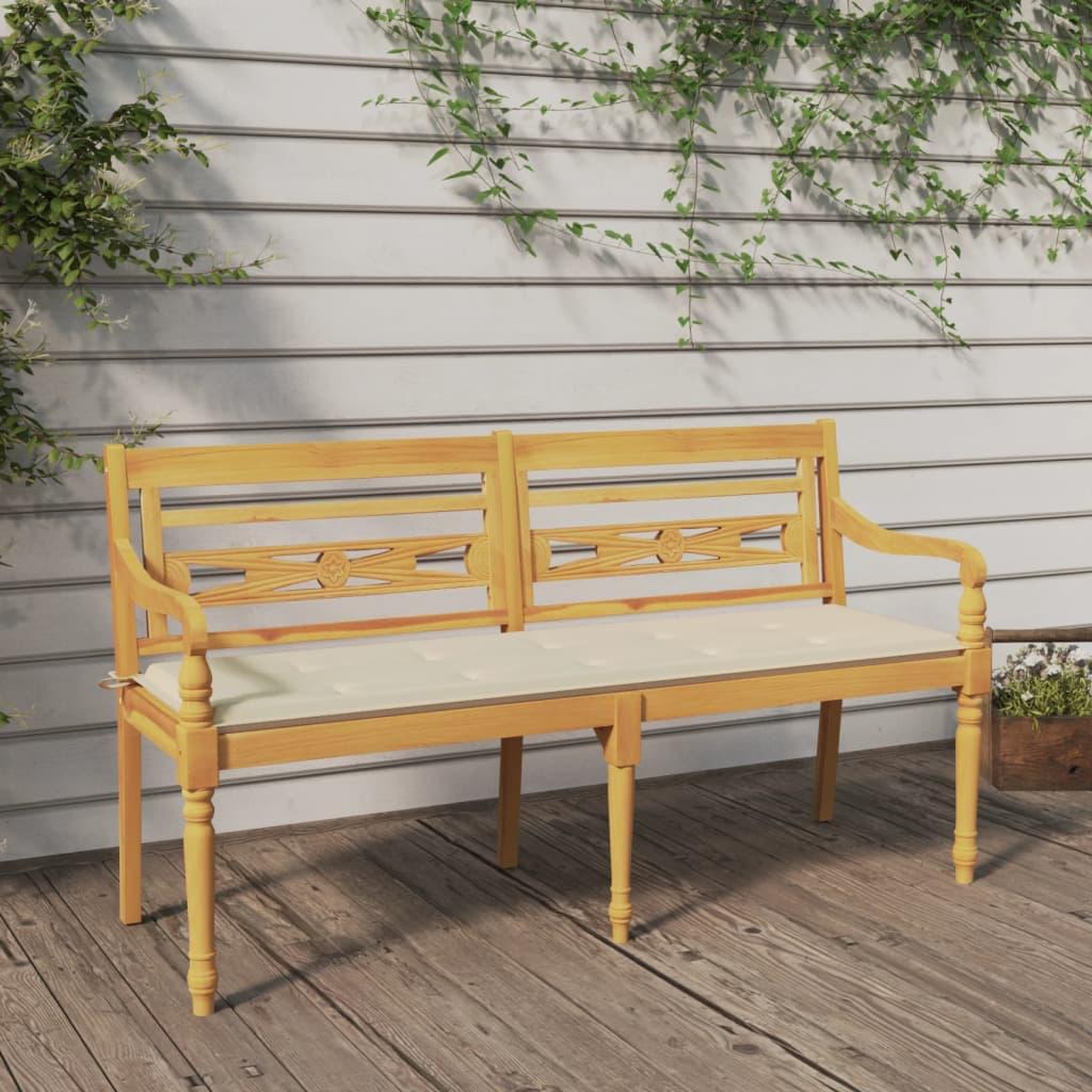 Voir la diapositive 1 : VIDAXL Banc Batavia avec coussin creme 150 cm Bois de teck massif