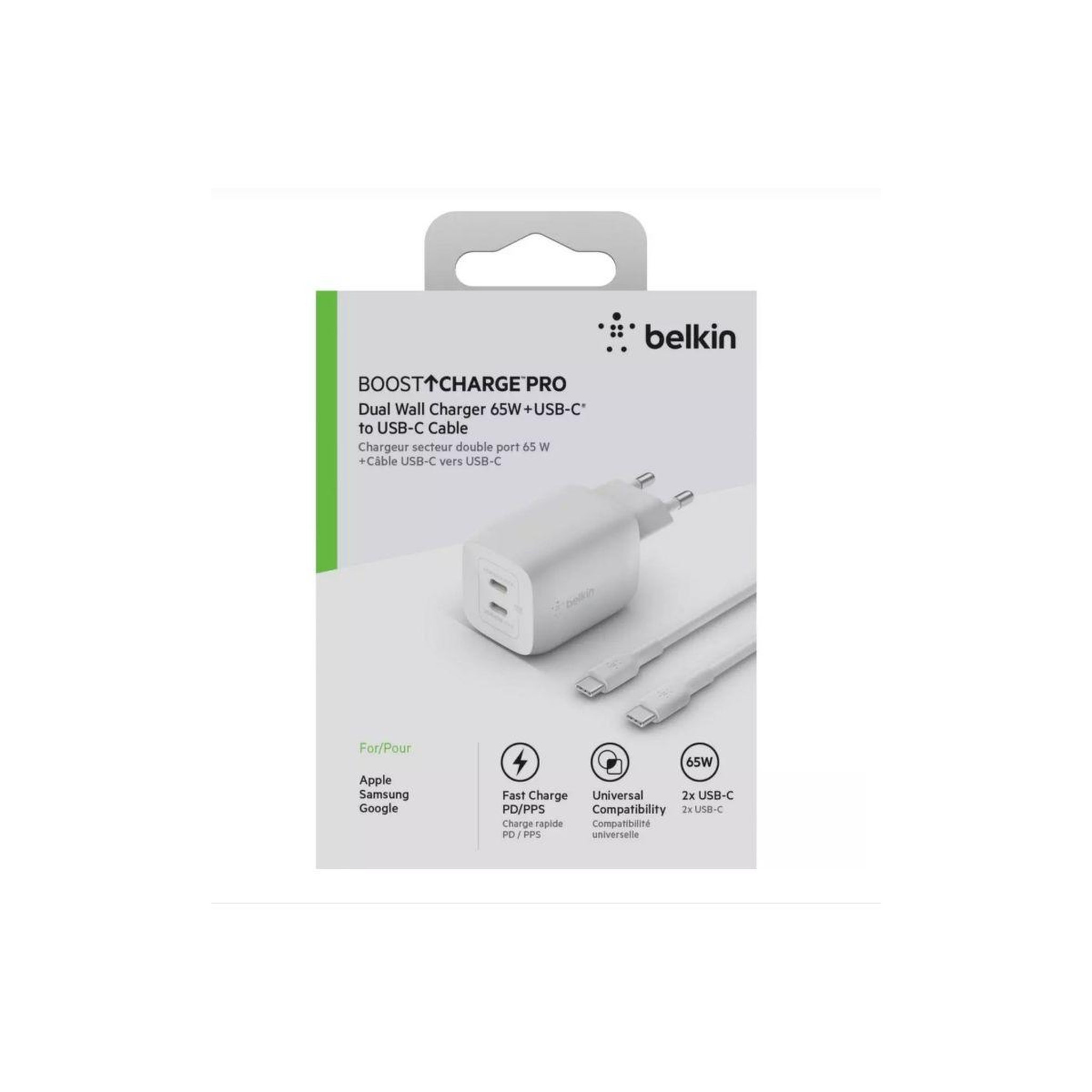 Voir la diapositive 2 : Belkin Chargeur USB C x2 65W GaN PPS + Cable USB-C 2m