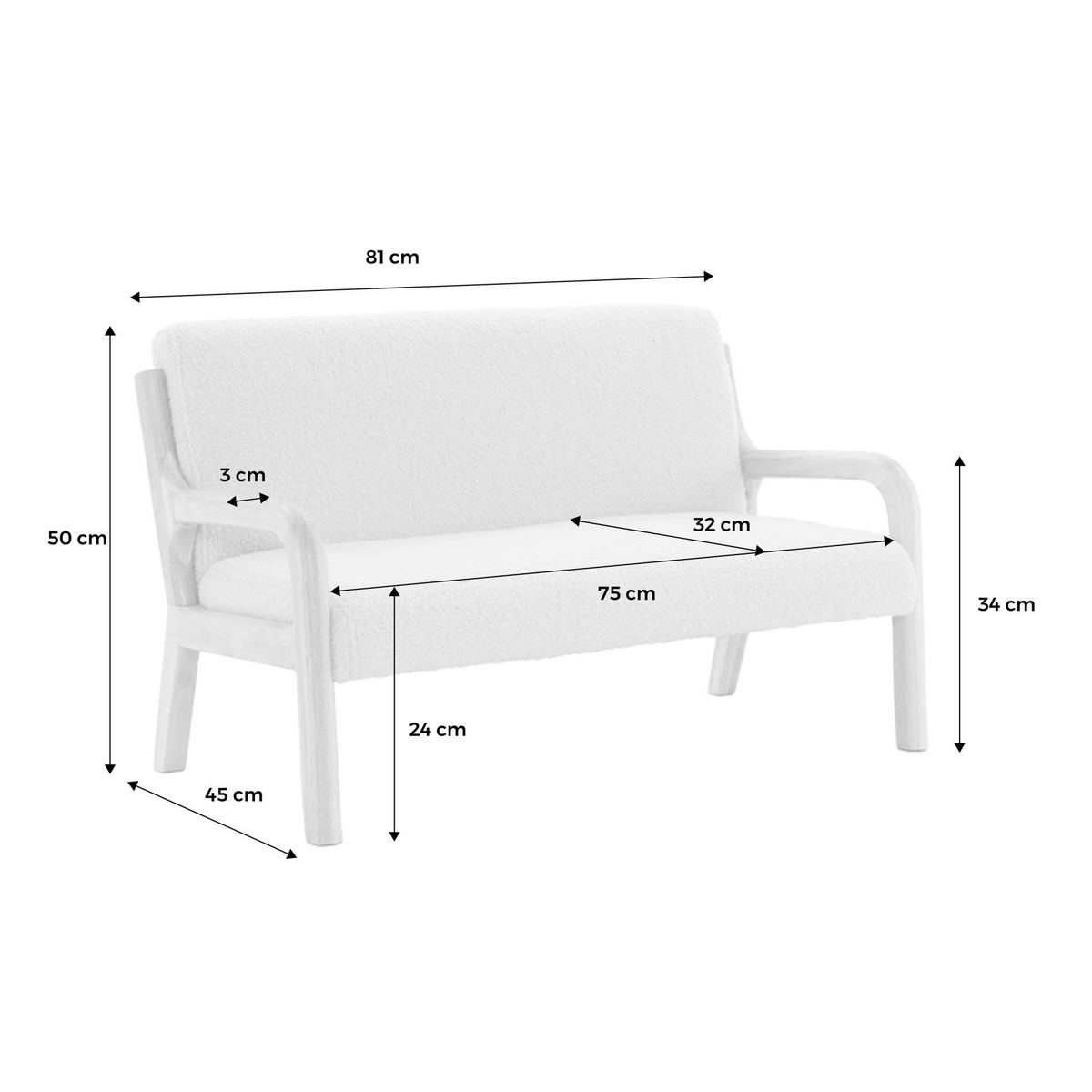 SWEEEK Banquette scandinave enfant en bois et tissu bouclette beige 2 places