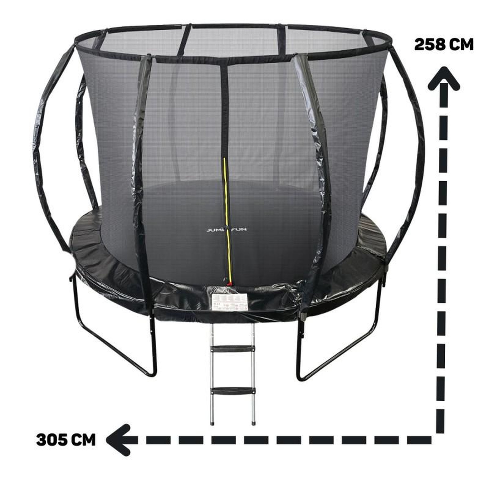 Voir la diapositive 4 : JUMP4FUN Trampoline 10Ft ø 305cm noire avec Echelle, Protection et Filet de sécurité