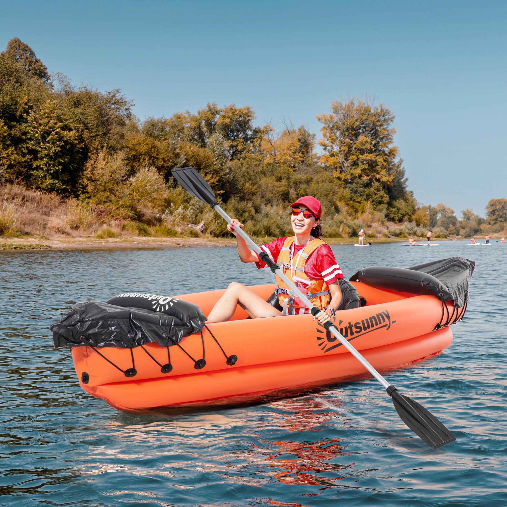 Voir la diapositive 2 : OUTSUNNY Canoé kayak gonflable 1 personne - gonfleur et rame en aluminium inclus - PVC orange noir