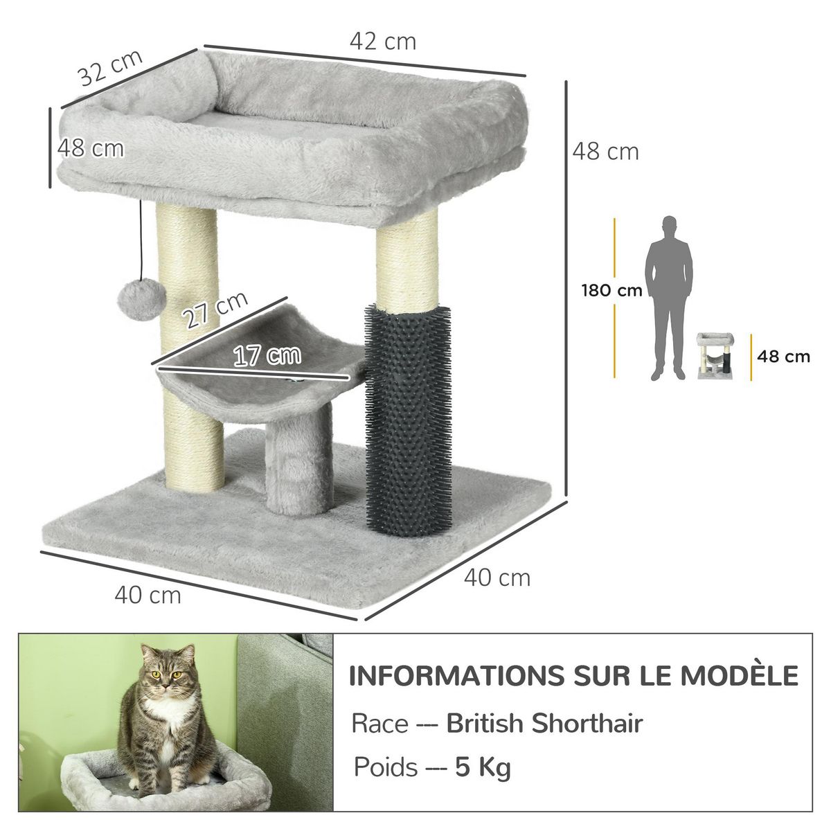 PAWHUT Arbre à chat griffoirs sisal naturel et massant plateforme panier jeu boule suspendue peluche gris