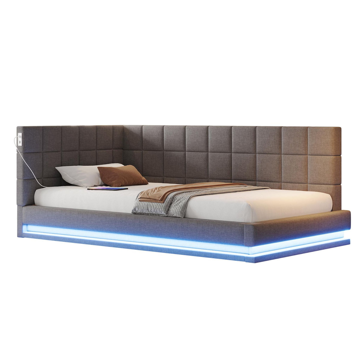 MERAX Lit simple rembourré 90x200cm