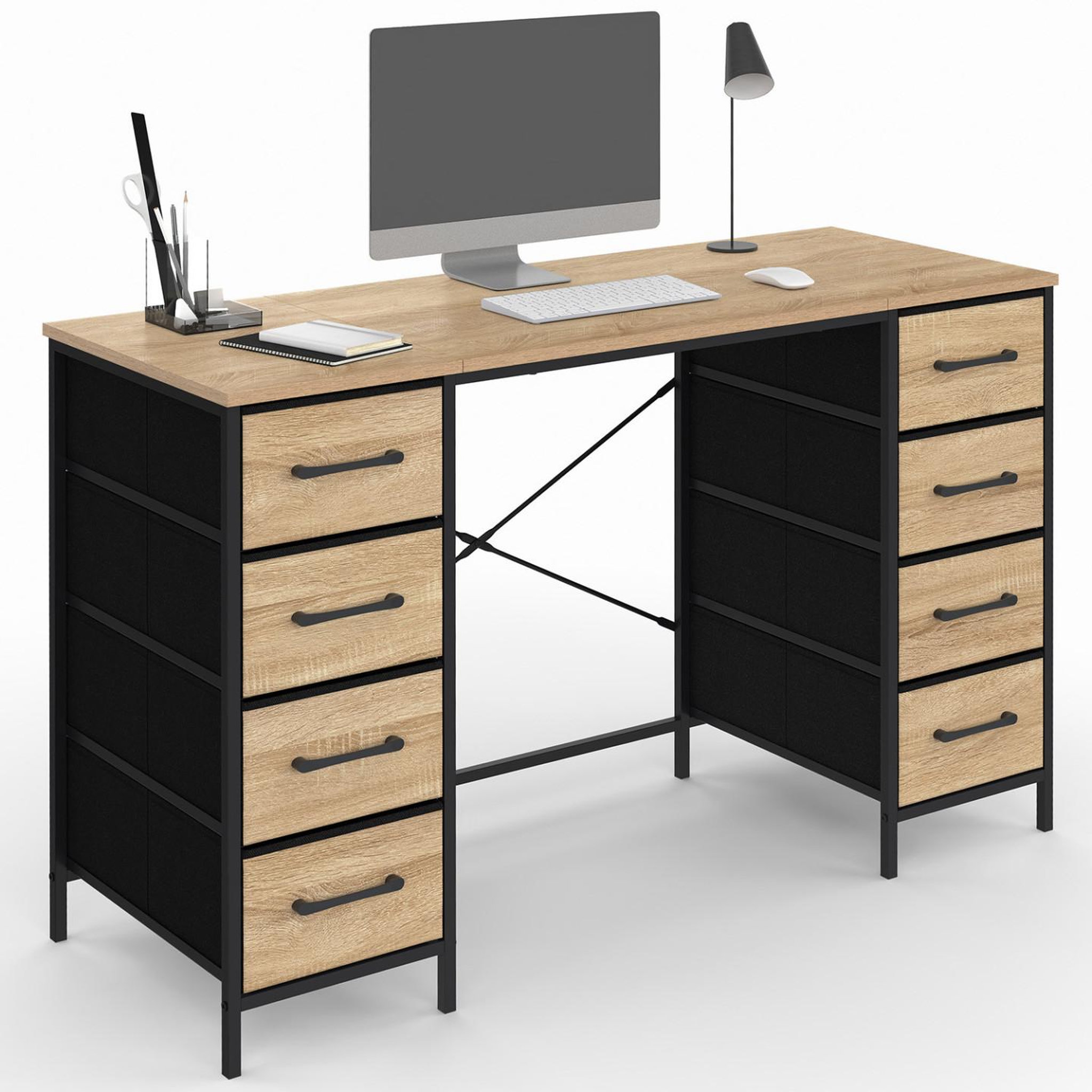 ID MARKET Bureau 8 tiroirs en tissu 120x45 cm utah bois et noir design industriel