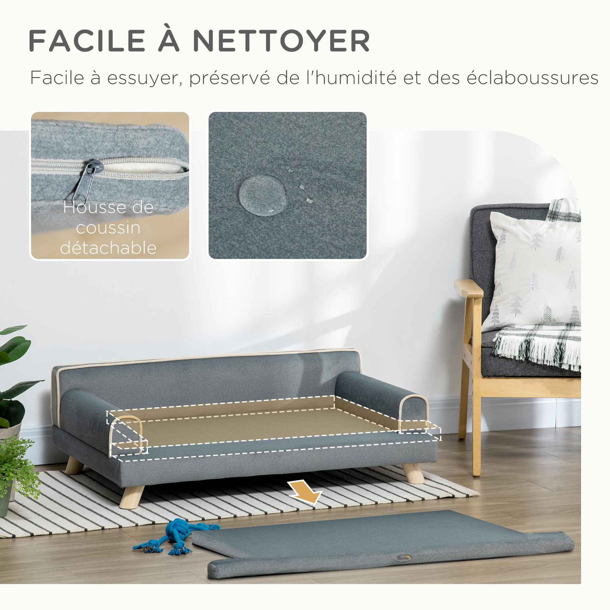 Voir la diapositive 5 : PAWHUT Canapé chien lit pour chien design scandinave coussin moelleux piètement bois dim. 100L x 62l x 32H cm polyester gris