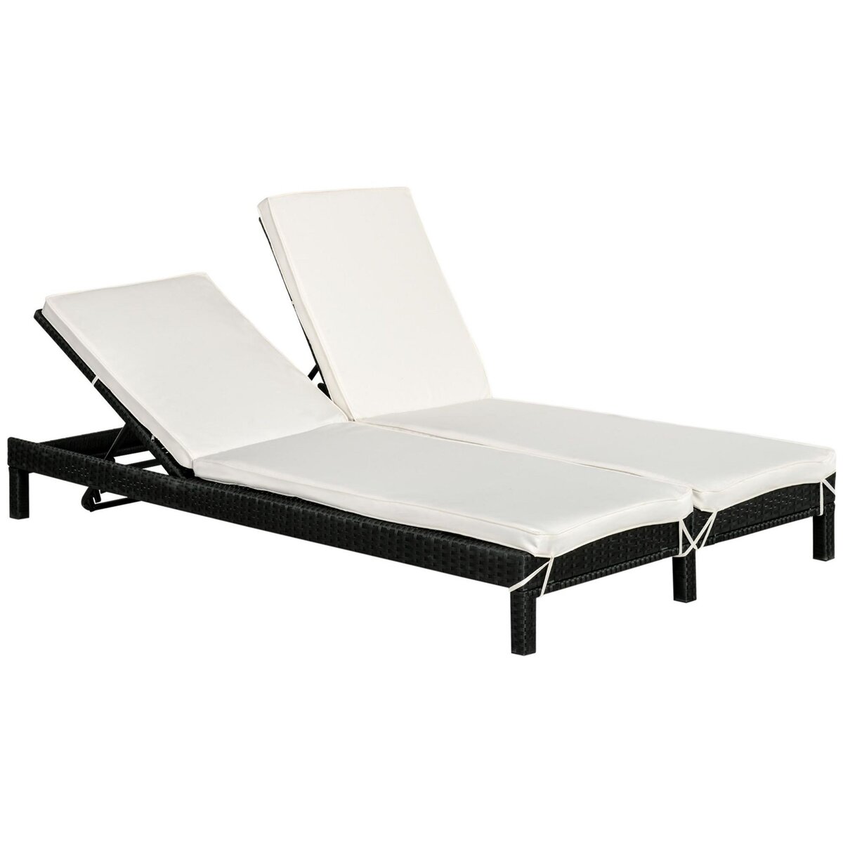 OUTSUNNY Bain de soleil transat 2 places - grand confort - dossier inclinable multi-positions - matelas fournis crème - résine tressée 4 fils noir