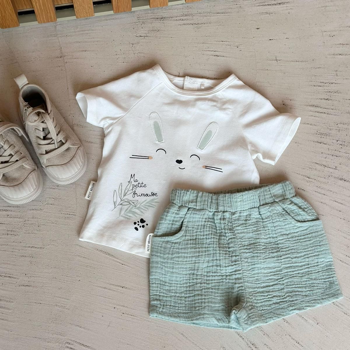 Petit Béguin Ensemble bébé t-shirt et short en gaze de coton Frimousse