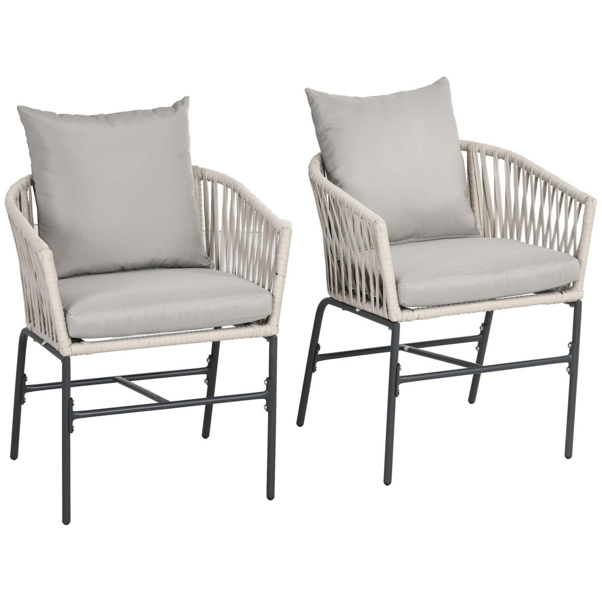 OUTSUNNY Lot de 2 fauteuils de jardin avec coussins métal cordes PE noir gris