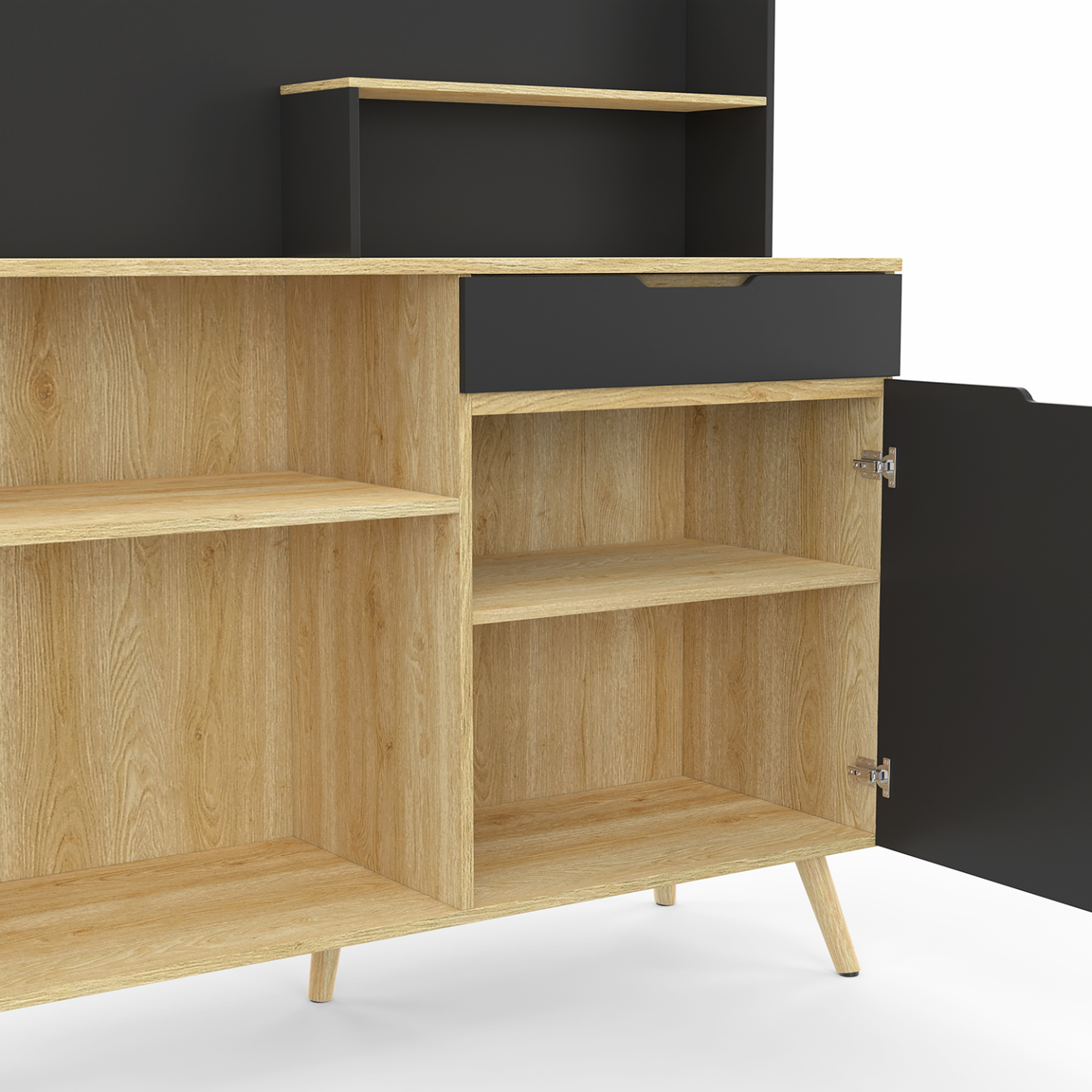 Voir la diapositive 6 : ID MARKET Buffet bas de cuisine 120 cm olaf plan de travail h.83 cm 1 porte + 1 tiroir façon hêtre et noir