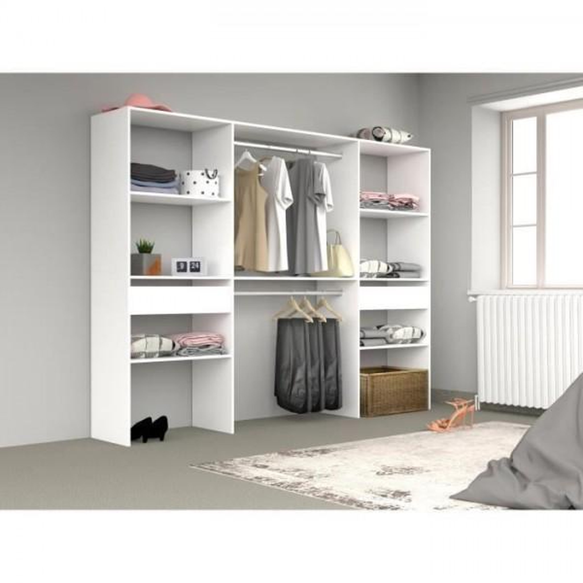 Voir la diapositive 4 : EKIPA Kit dressing ARTIC - Décor Blanc - 2 colonnes + 2 penderies + 2 tiroirs - L 220 x P 40 x H 180 cm - EKIPA