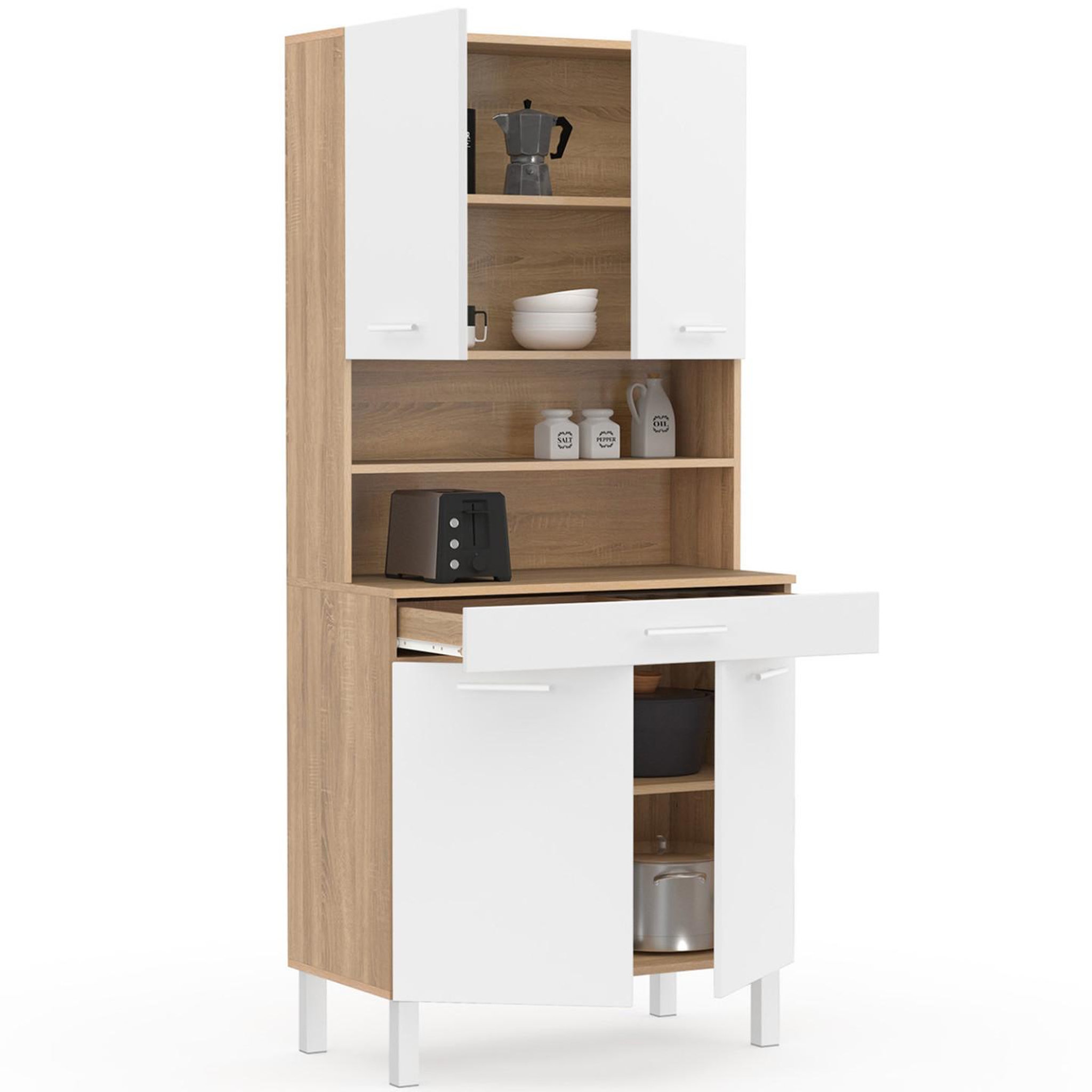 ID MARKET Buffet de cuisine 80 cm cina 4 portes + tiroir façon hêtre et blanc