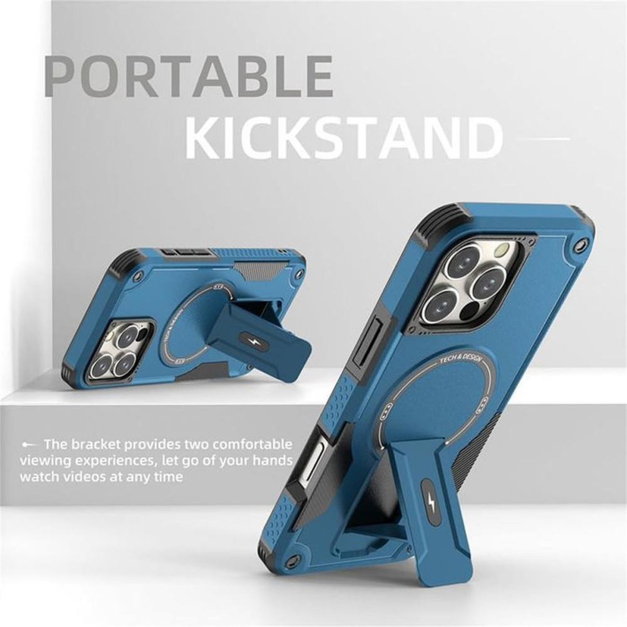 Voir la diapositive 4 : Coque pour iPhone 16 Pro MagSafe bleue avec support intégré et protection antichoc 360°