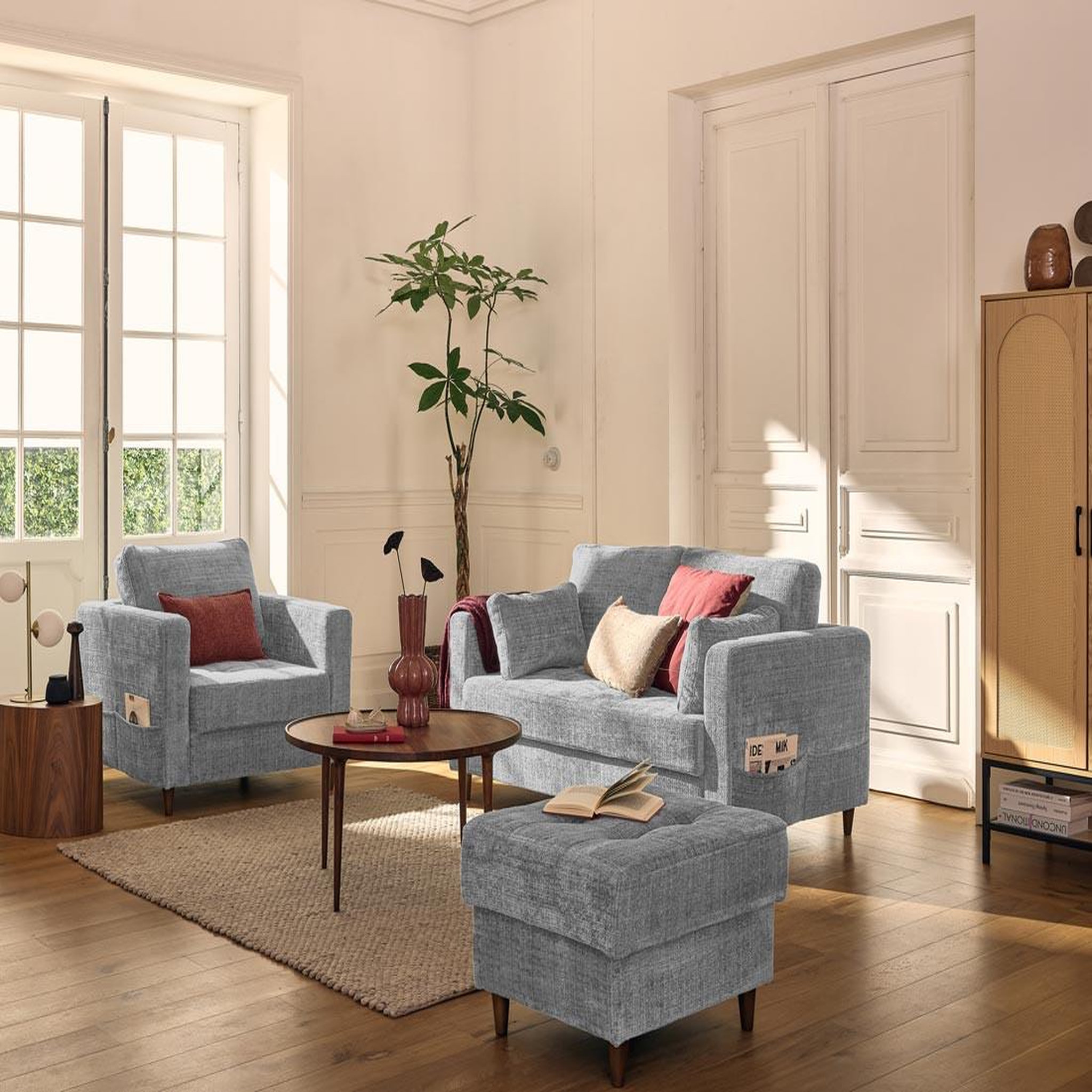Voir la diapositive 4 : LISA DESIGN Anna - canapé droit 2 places avec poche en velours texturé