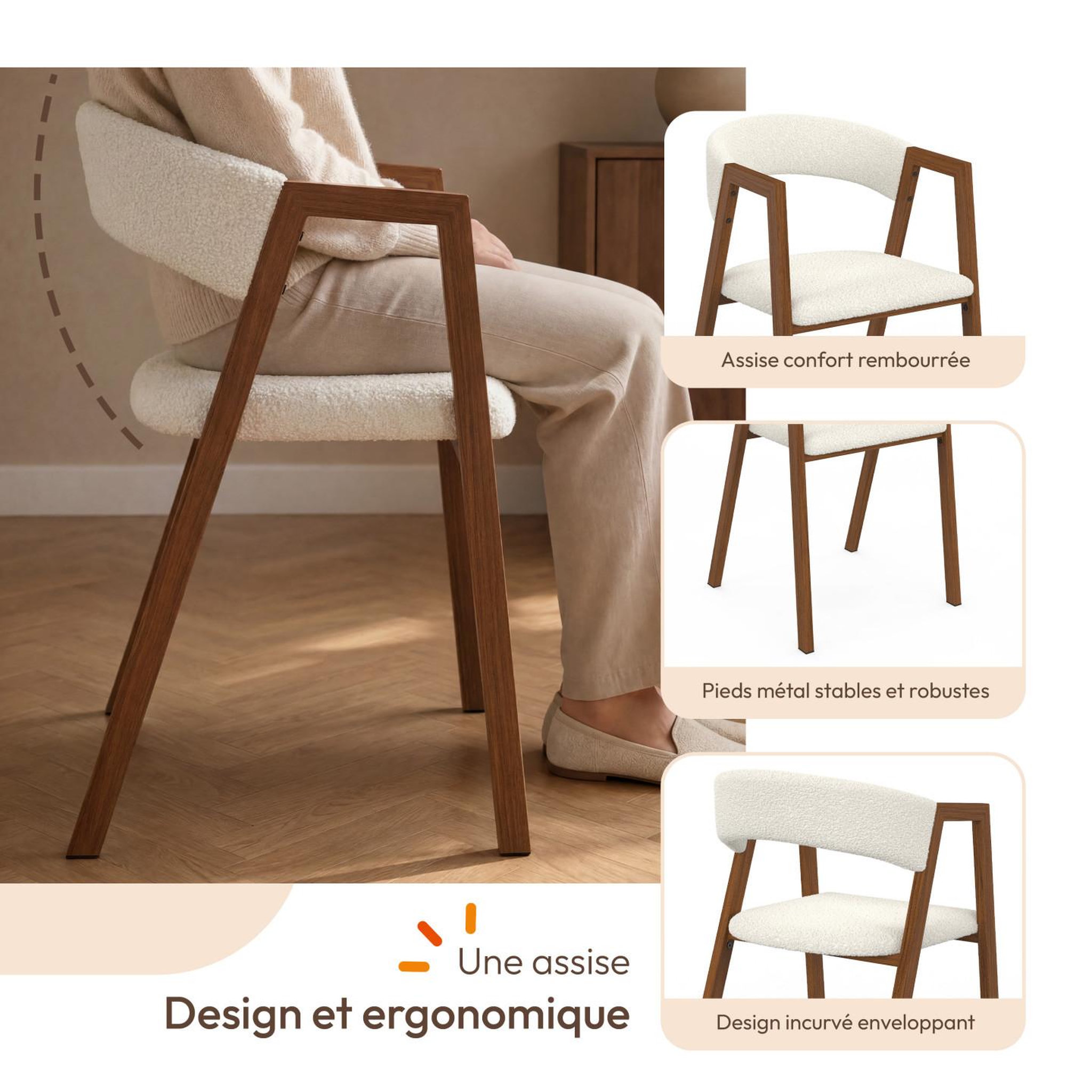 Voir la diapositive 3 : ID MARKET Lot de 6 chaises CAMILLE en métal effet noyer et tissu bouclette avec accoudoirs
