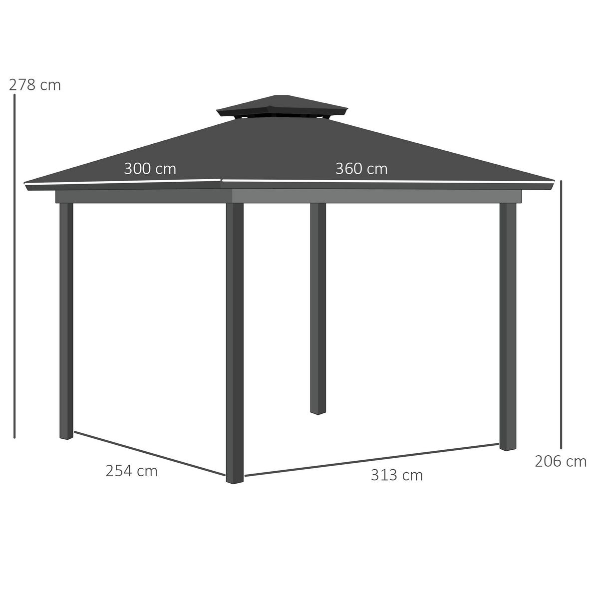 OUTSUNNY Pavillon de jardin tonnelle rigide dim. 3,6L x 3l x 2,78H m rideaux latéraux anti-UV structure gris toit polycarbonate noir